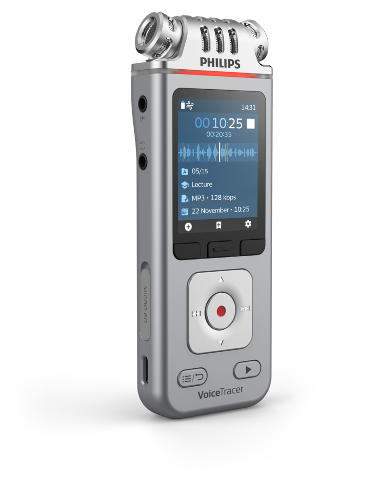 Srebrny cyfrowy rejestrator głosu Philips VoiceTracer. Posiada ekran wyświetlający czas nagrywania i ustawienia, z czerwonym przyciskiem nagrywania.