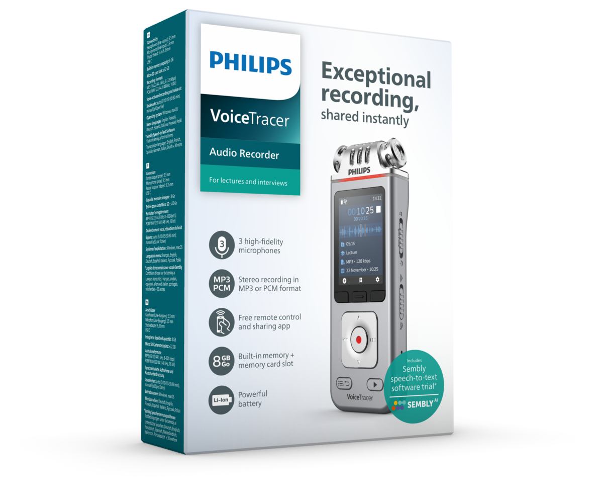 Rejestrator audio Philips VoiceTracer w pudełku. Posiada 3 mikrofony, nagrywanie MP3, 8GB pamięci i darmową aplikację.