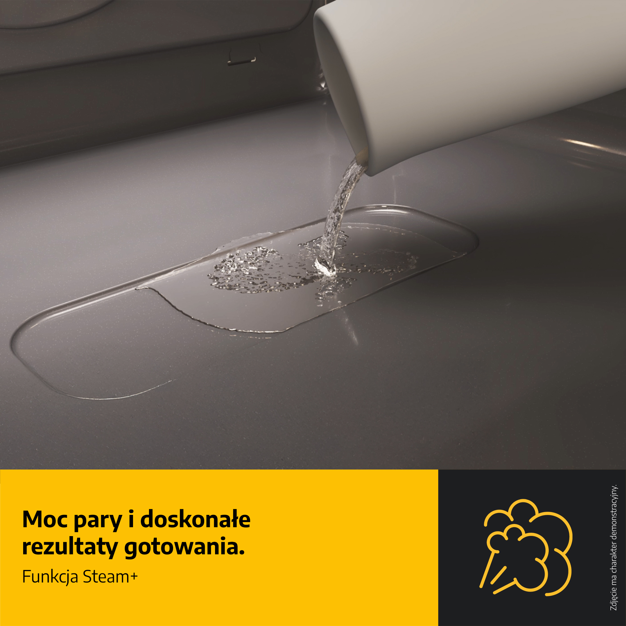 Woda wlewana na szarą powierzchnię z białego pojemnika. Ikona pary i tekst na żółtym i czarnym tle.