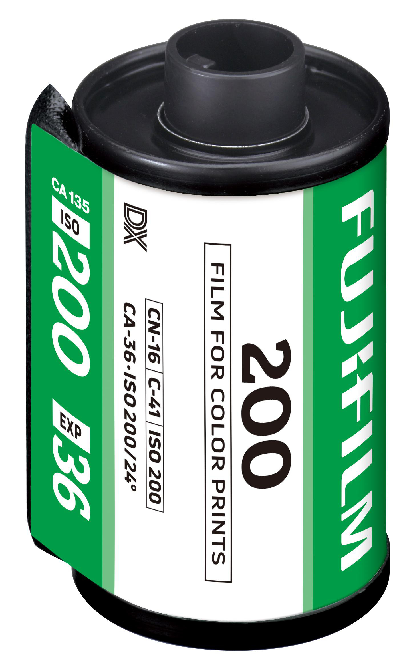 Eine Fujifilm-Filmrolle wird gezeigt, mit schwarzem Deckel, grün-weißem Etikett mit '200' und 'FUJIFILM'-Aufdruck.