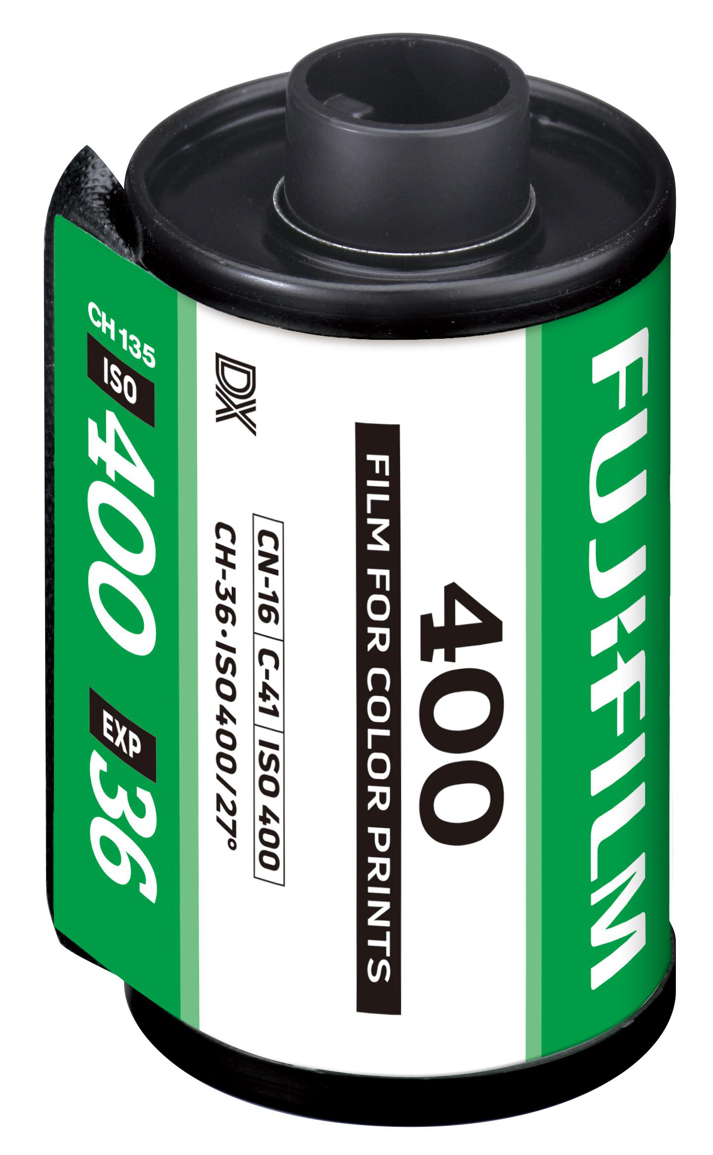 Eine Fujifilm-Filmrolle für Farbdrucke. Sie ist grün, schwarz und weiß und trägt die Aufschrift 400.