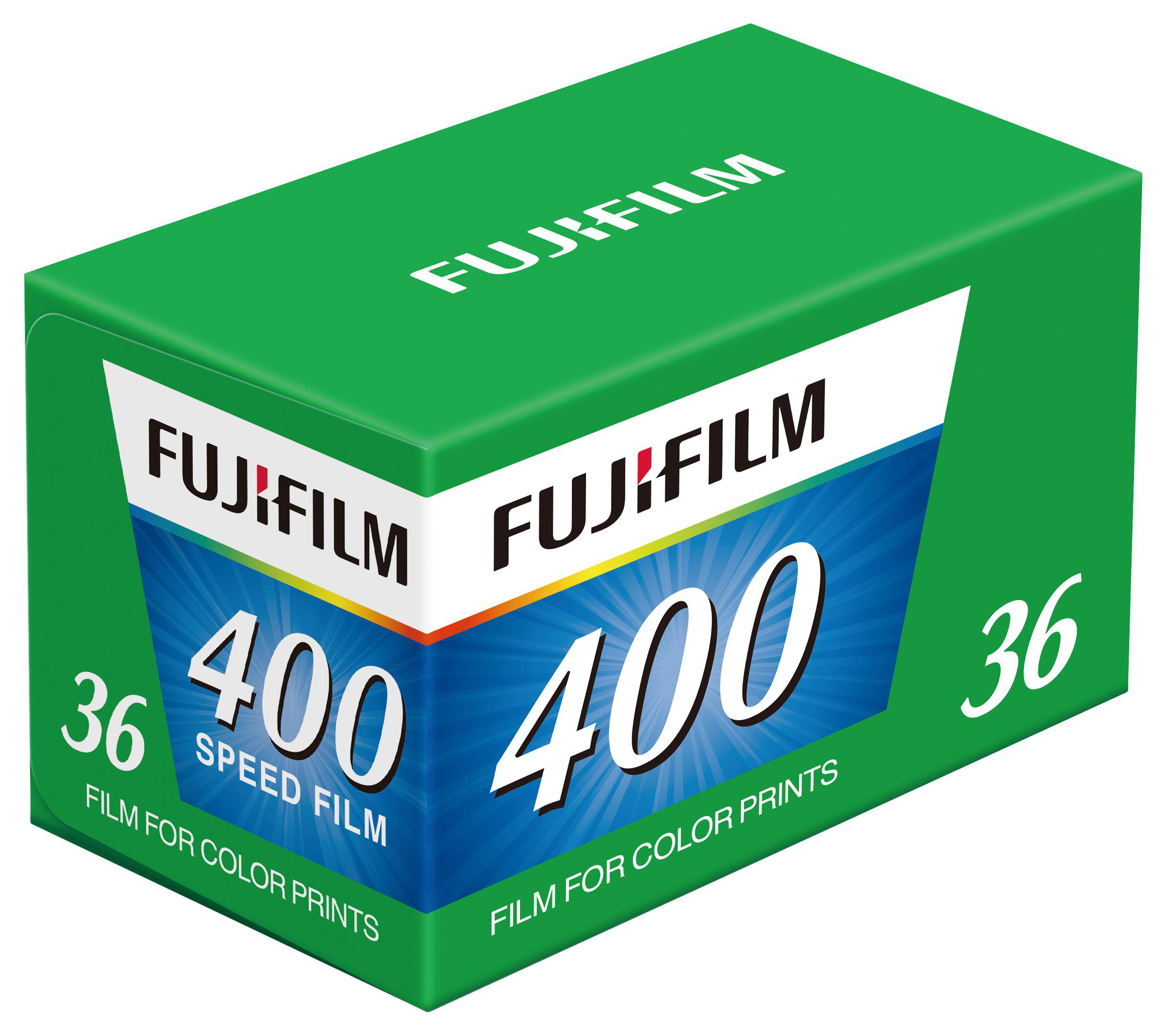 Eine grüne Fujifilm-Filmbox mit weißem Text und Zahlen. Sie lautet '400' und '36'.