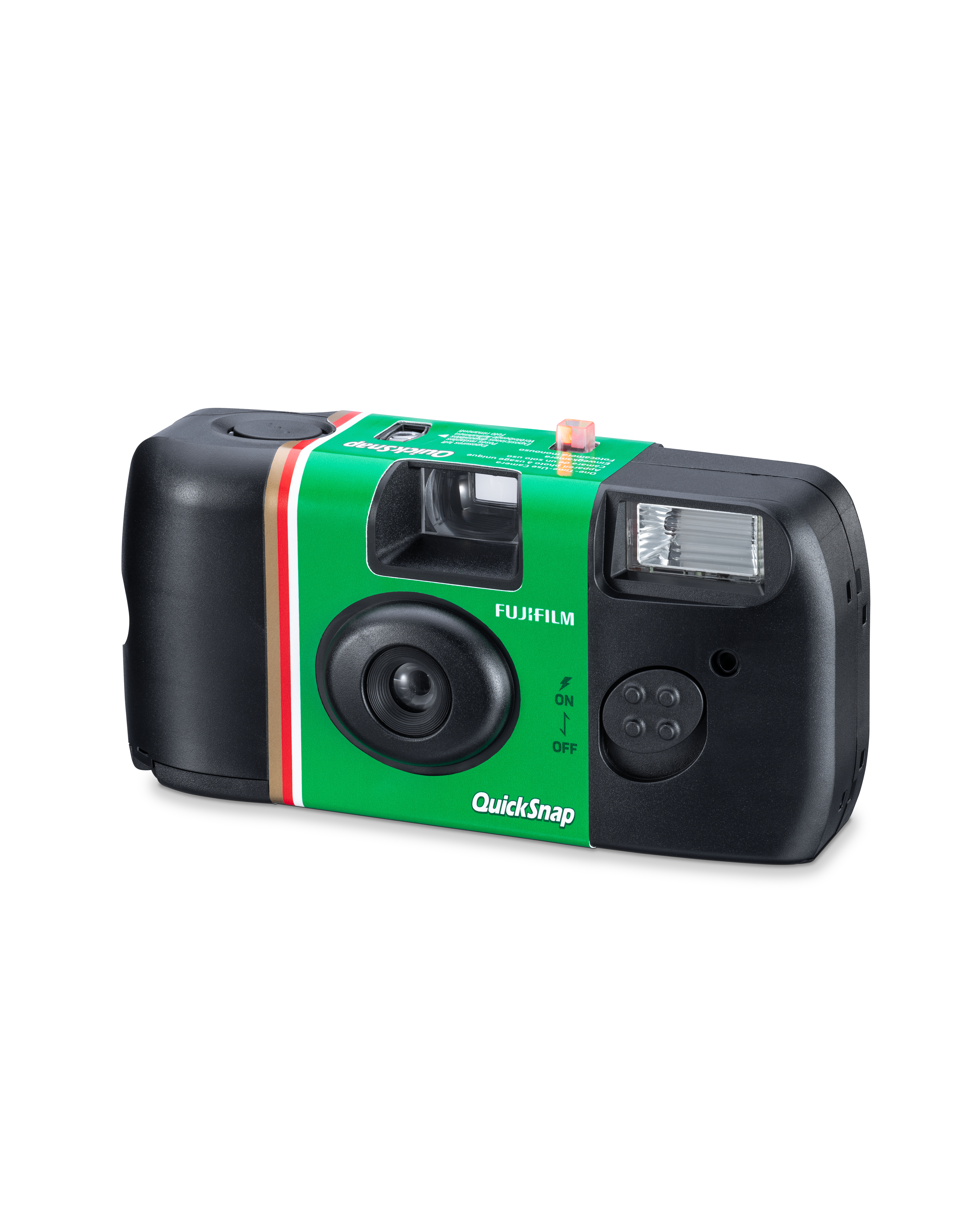 Eine Fujifilm QuickSnap Einwegkamera. Schwarzes Gehäuse mit grüner und weißer Beschriftung. Objektiv, Blitz und Knopf sind sichtbar.