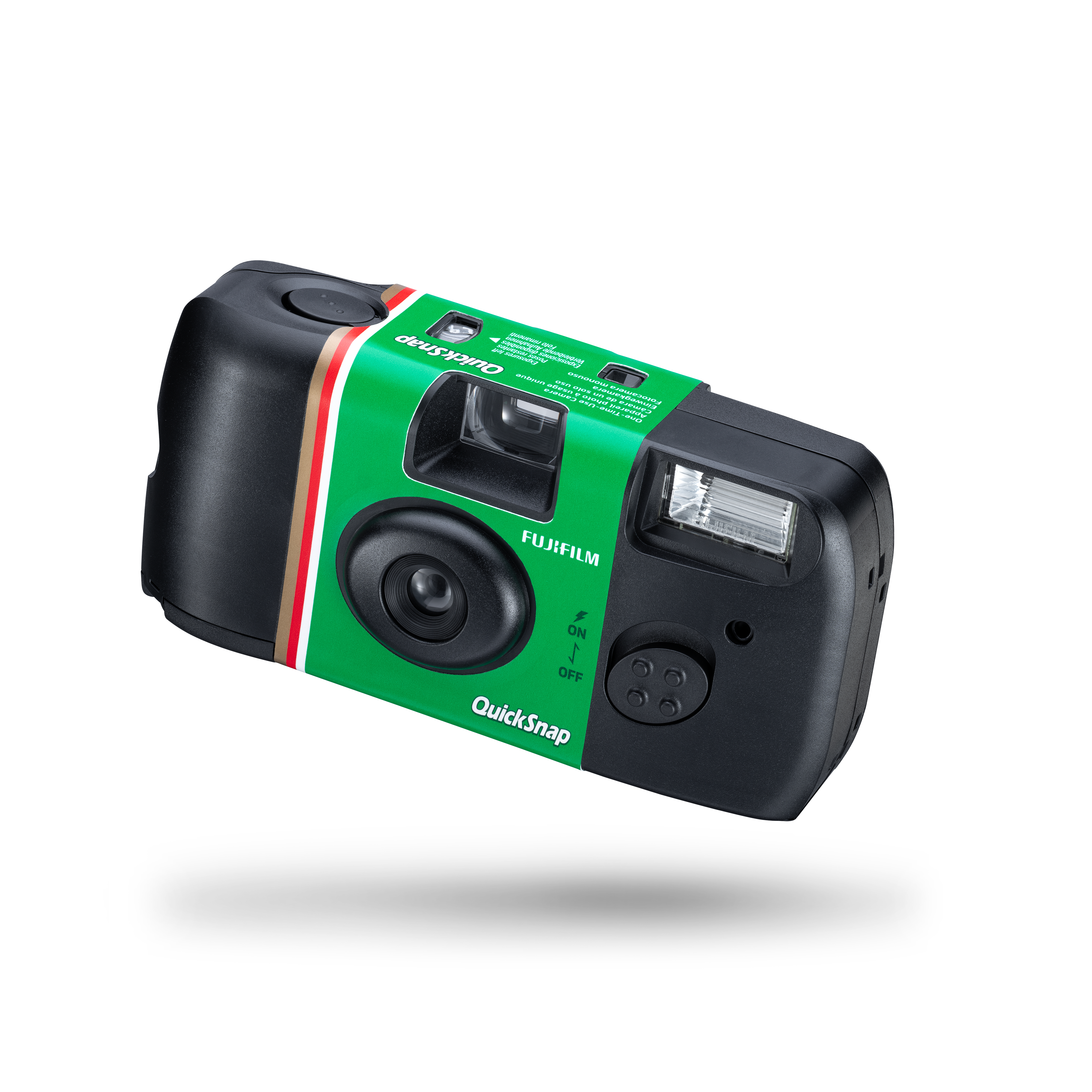 Eine schwarze Fujifilm QuickSnap Kamera. Sie hat ein grünes und weißes Etikett. Die Kamera schwebt.