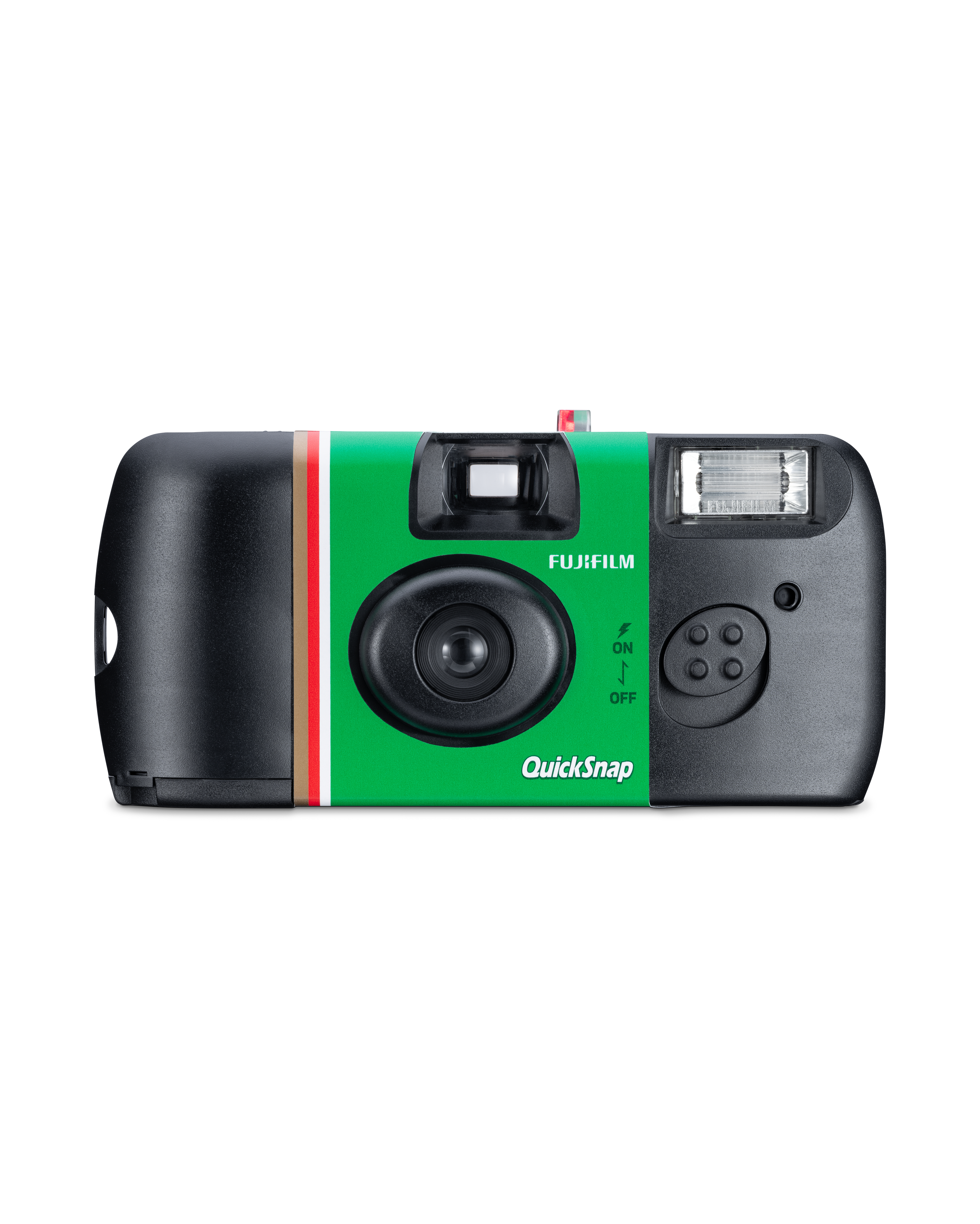 Grüne Fujifilm QuickSnap Einwegkamera. Schwarzes Gehäuse, Blitz und Knöpfe. Rote, weiße und braune Streifen.