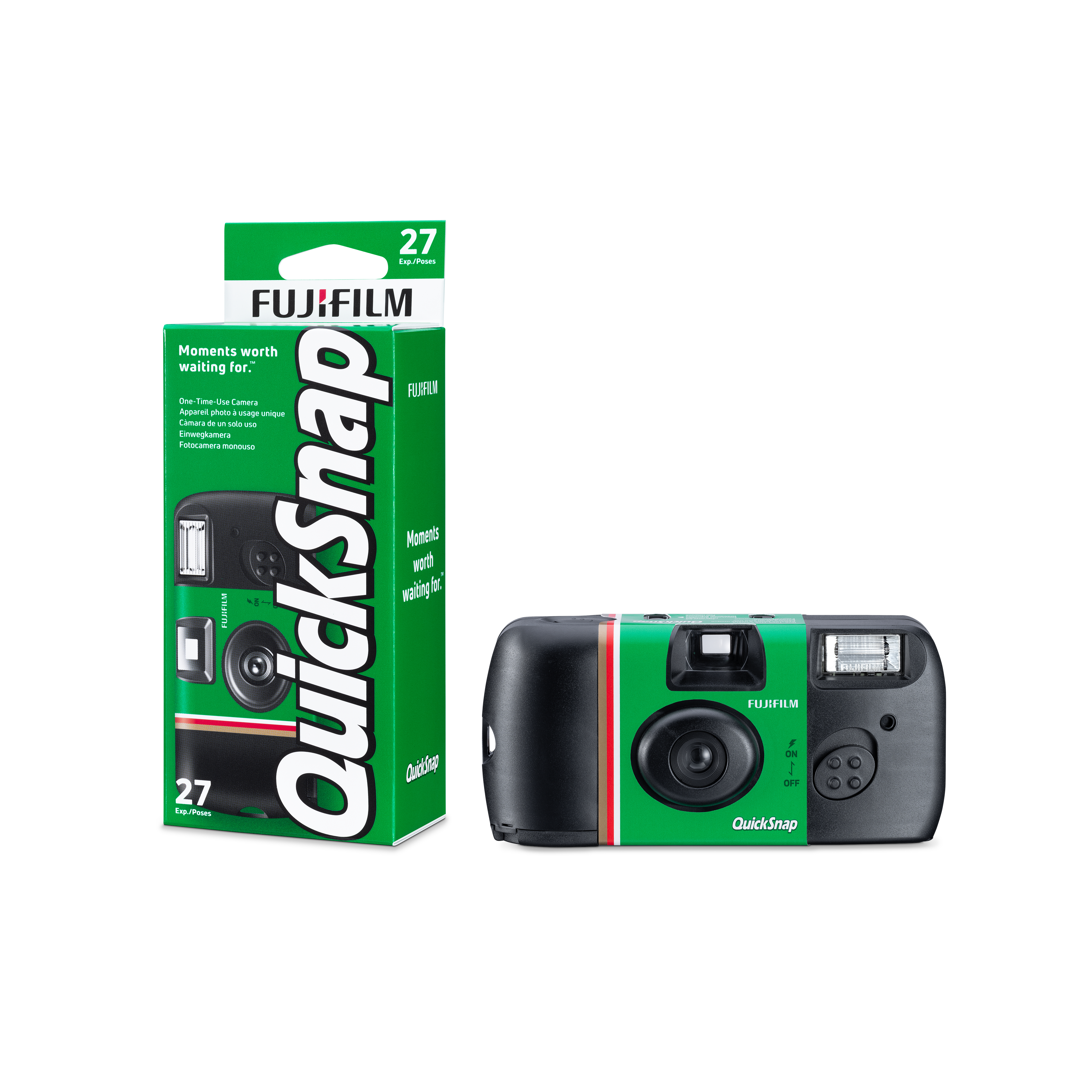 Eine Fujifilm QuickSnap-Kamera und ihre Schachtel werden gezeigt. Die Kamera ist schwarz mit grünen Akzenten. Die Schachtel ist grün und weiß.