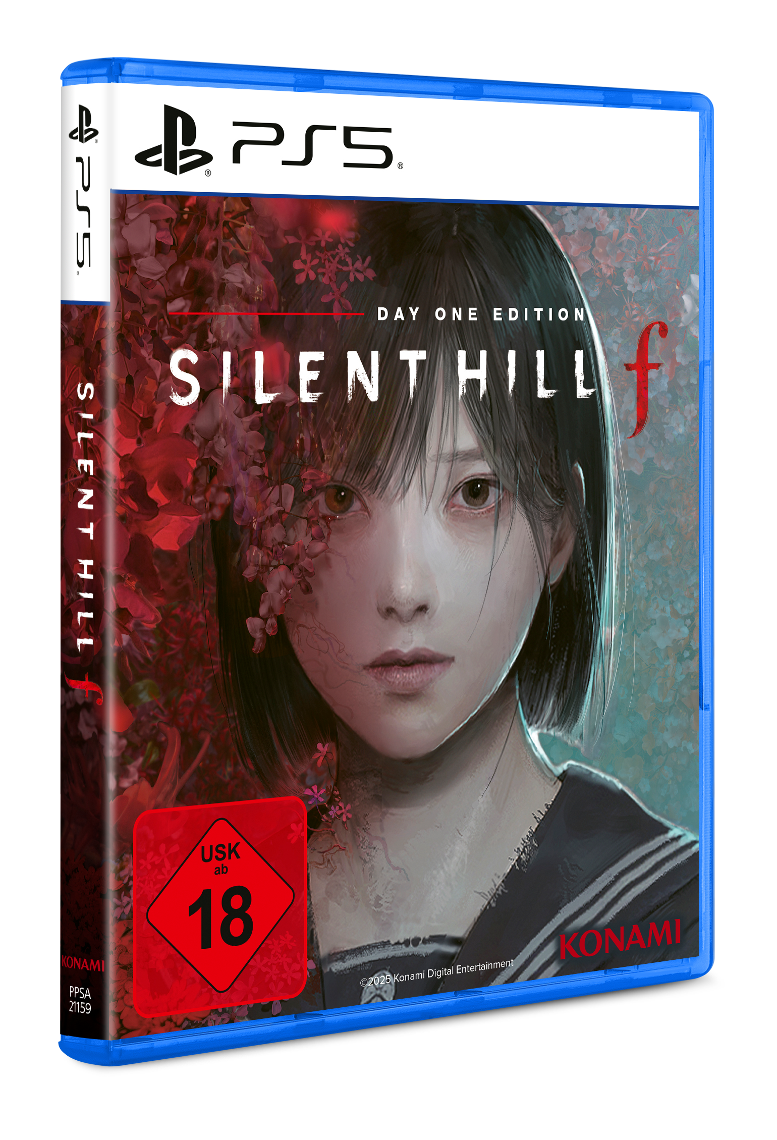 Spielcover für Silent Hill f. Zeigt das Gesicht einer jungen Frau, teilweise bedeckt von roten Blumen. Das PS5-Logo steht oben.