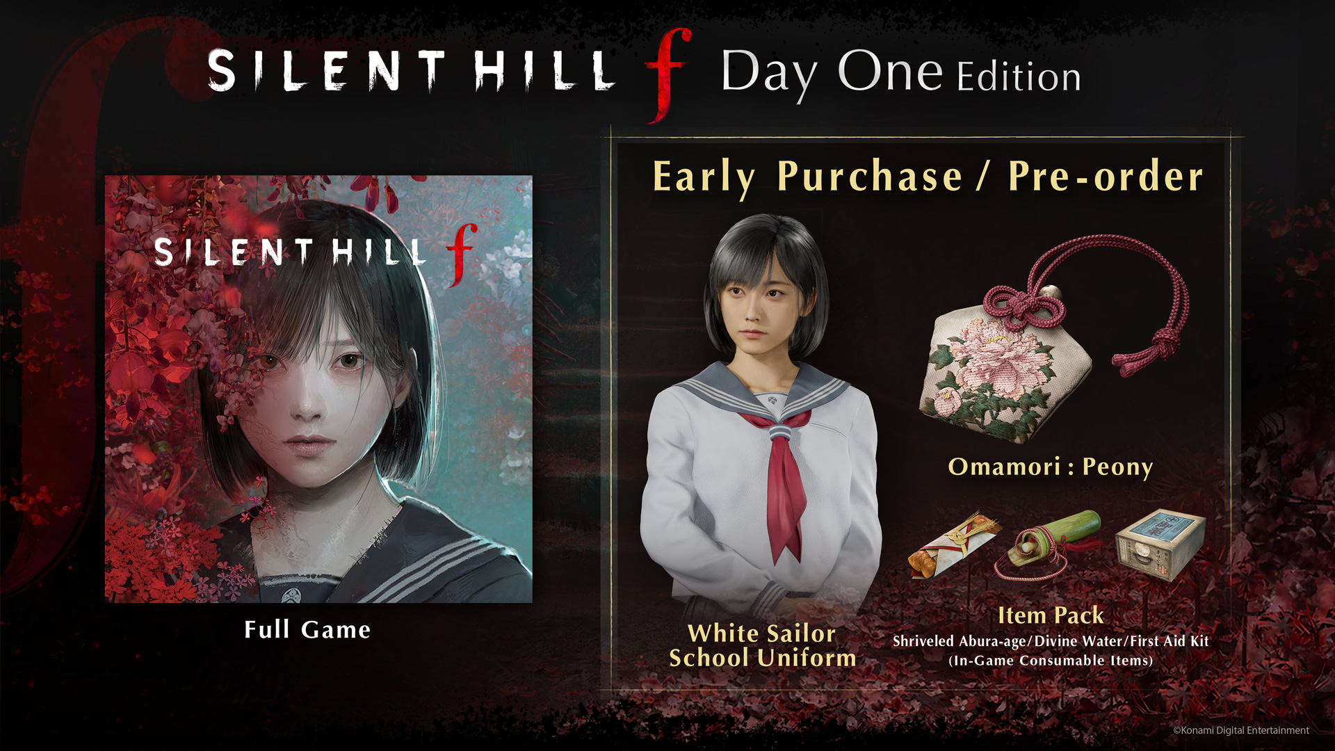 Werbebild für Silent Hill f. Zeigt ein Mädchen im Matrosenanzug, ein Omamori und ein Item-Pack mit Verbrauchsmaterialien.