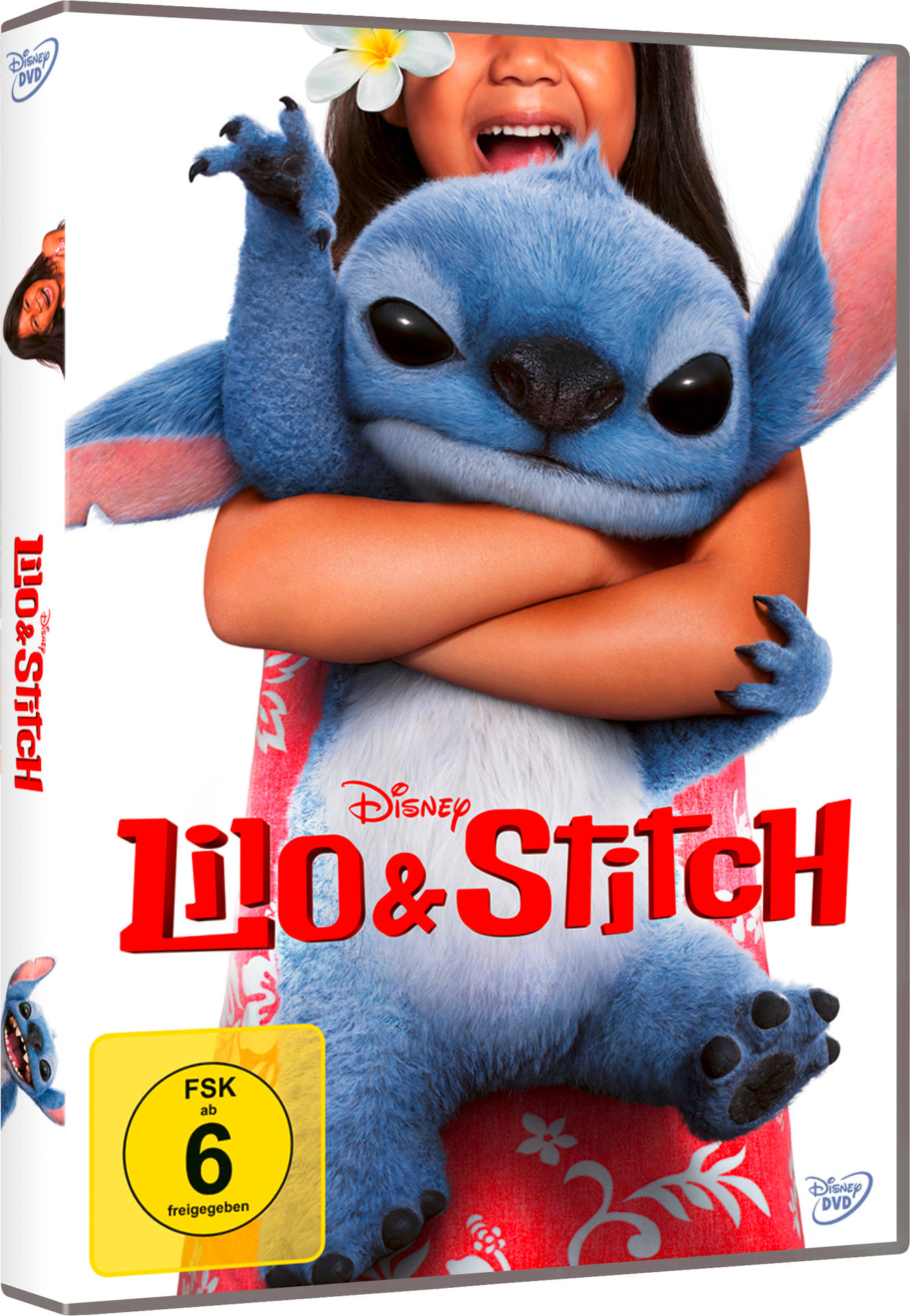 Lilo & Stitch DVD-Cover. Stitch, ein blauer Außerirdischer, wird von einem Mädchen gehalten. Der Titel ist rot. Ein Bewertungsschild ist in der Ecke.