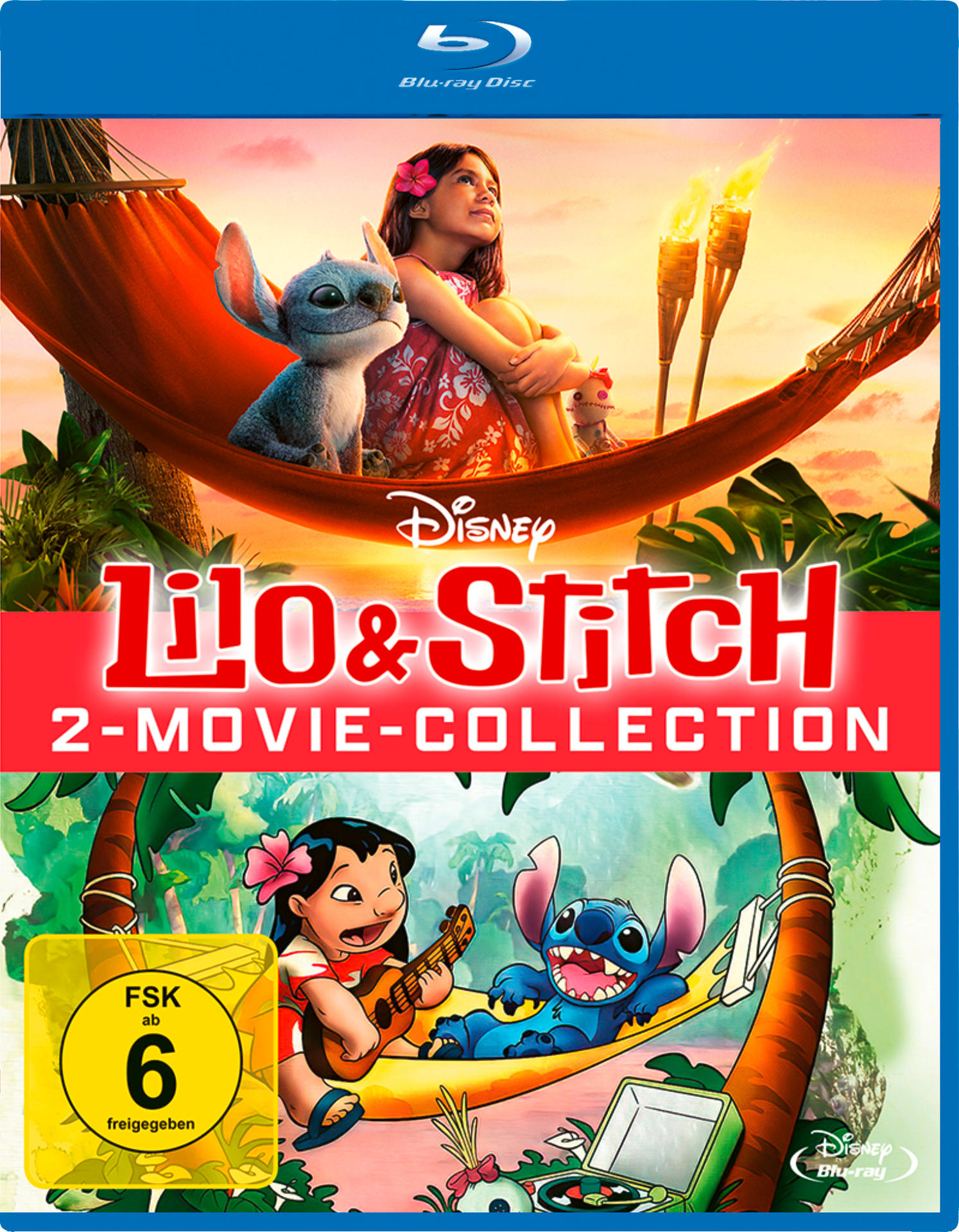 Lilo & Stitch Blu-ray-Cover. Lilo, Stitch und ein Mädchen in Hängematten. Das Cover hat ein rotes Banner und das Disney-Logo.