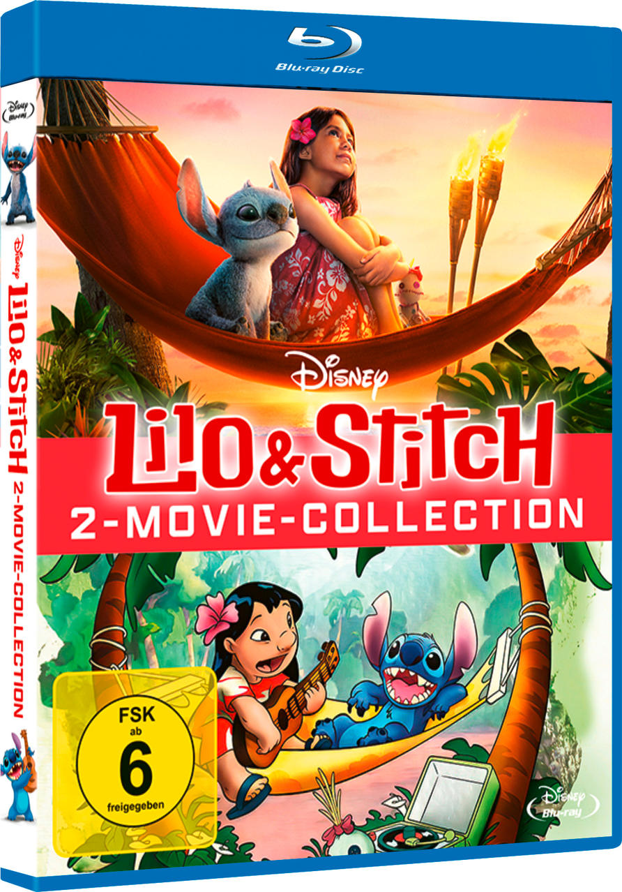 Lilo & Stitch Blu-ray-Cover: Mädchen und Stitch in einer Hängematte, Lilo spielt Gitarre mit Stitch. Tropische Szene.