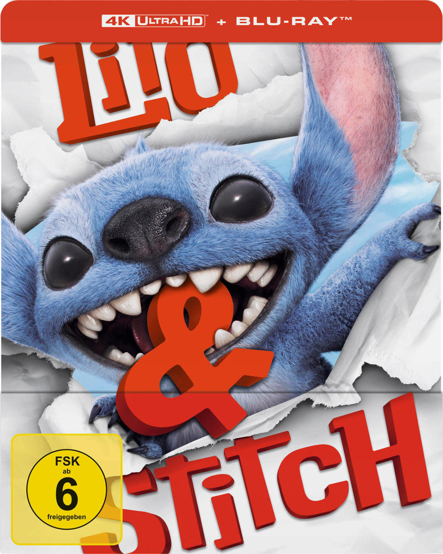 Stitch aus dem Film Lilo & Stitch. Blauer Alien durchbricht Papier. Rote Buchstaben sagen 'Lilo & Stitch'. Blu-ray-Etikett.