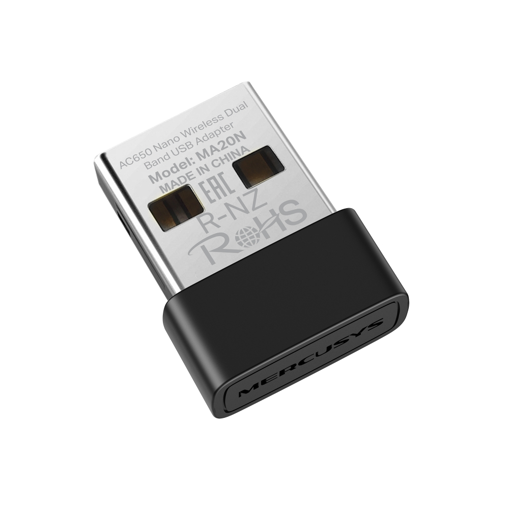 Beyaz zemin üzerinde, siyah ve gümüş renkli Mercusys AC650 Nano Wireless Dual Band USB Adaptörü, model MA20N.