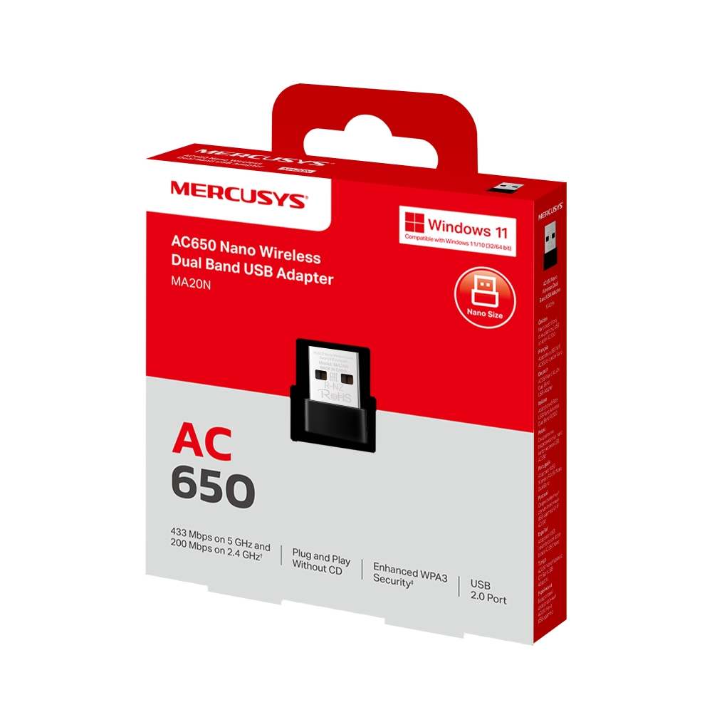 Kırmızı ve beyaz bir Mercusys kutusu, AC650, Nano Boyut ve Windows 11 uyumlu bir USB adaptörü sergiliyor. Ürün adı ve özelliklerini içerir.