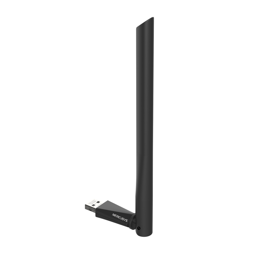 Antenli siyah bir USB WiFi adaptörü. Adaptörde MERCUSYS marka adı yazılıdır. Anten dik ve hafif açılıdır.