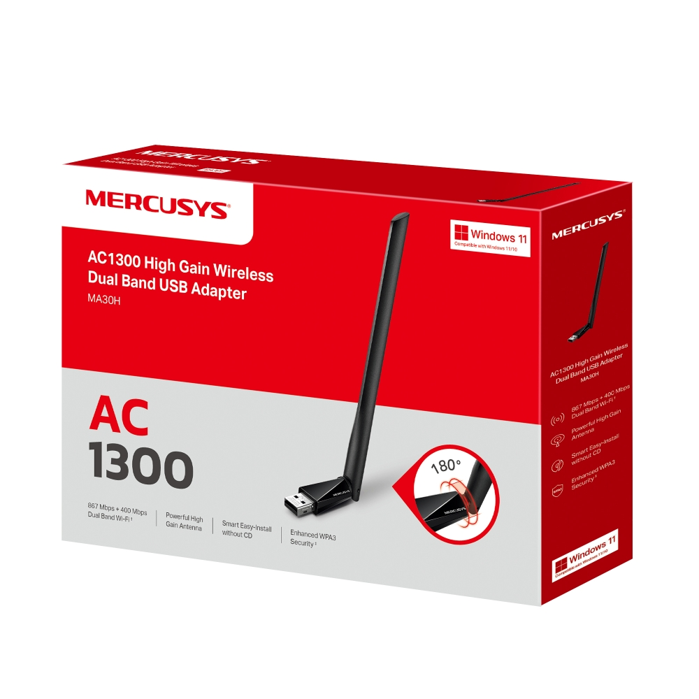 Bir Mercusys AC1300 USB adaptör kutusu. Ürünü, özellikleri gösterir ve Windows 11/10 ile uyumludur.