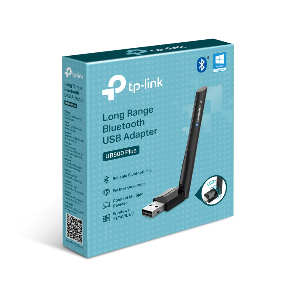 Bir TP-Link Bluetooth USB adaptör kutusu. Ürünü ve özelliklerini, Bluetooth 5.3 ve Windows uyumluluğu dahil olmak üzere gösterir.