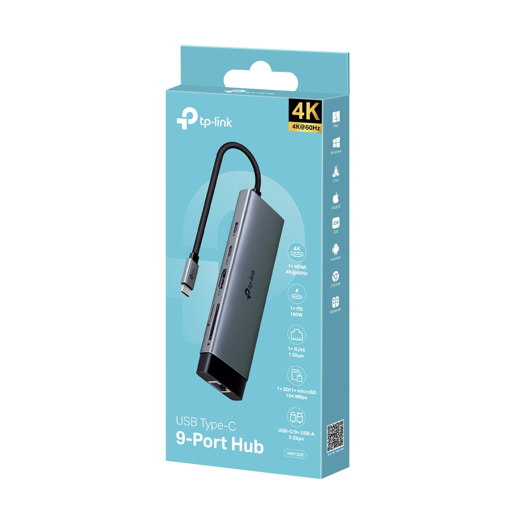 Bir TP-Link USB Type-C 9 bağlantı noktalı hub görüntüleniyor. 4K ve çeşitli bağlantı noktaları dahil olmak üzere hub'ı ve özelliklerini gösteren turkuaz bir kutuda.