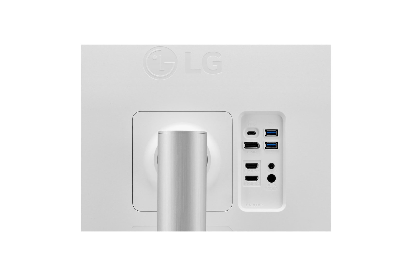 Tył białego monitora LG. Pokazuje porty: USB, HDMI, DC i inne. Logo LG na górze.