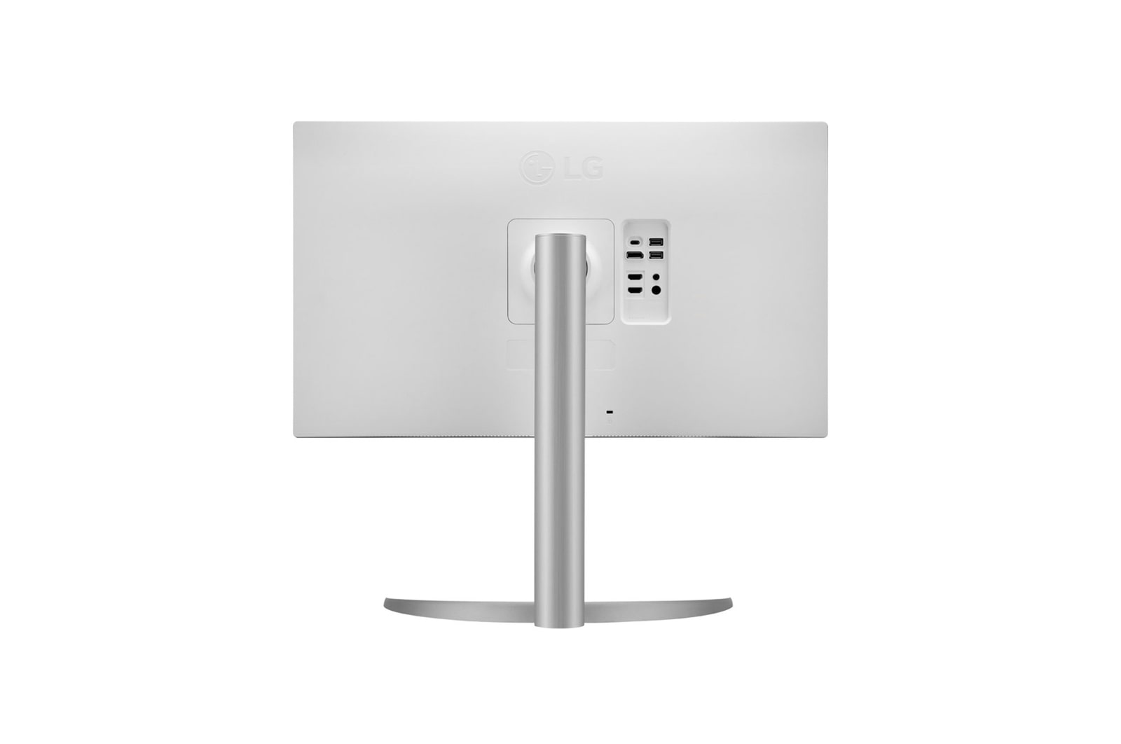 Widok z tyłu białego monitora LG. Ma srebrną podstawę i kilka portów. Widoczne logo LG.