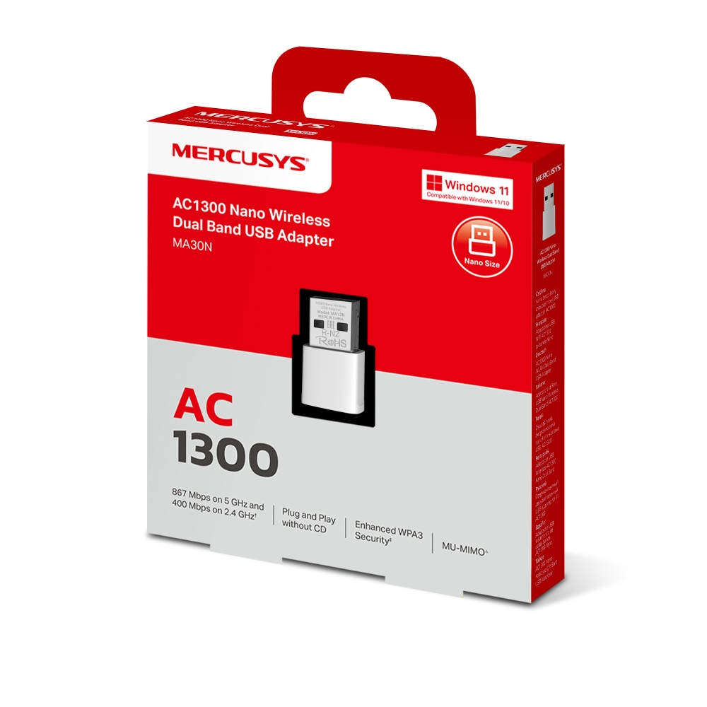 Bir Mercusys AC1300 Nano USB adaptör kutusu. Kırmızı ve beyaz renkler. Ürün adını ve özelliklerini içerir.
