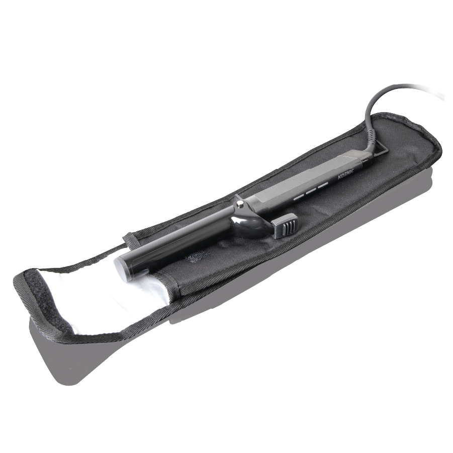 Czarna lokówka w czarnym etui. Etui jest otwarte, widać lokówkę i białą podszewkę. Białe tło.