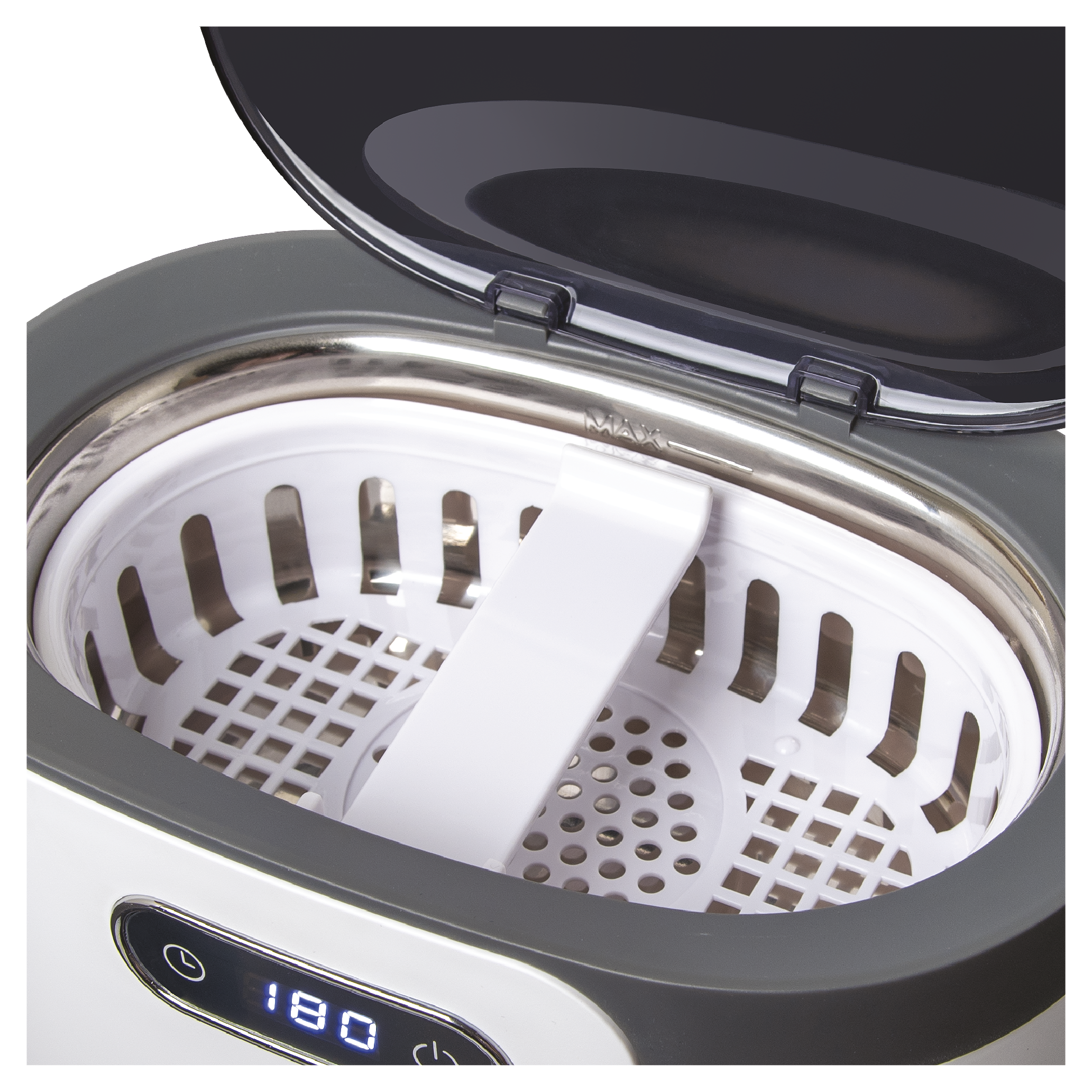 Otwarta myjka ultradźwiękowa. Biały kosz w środku, szara rama i pokrywa. Wyświetlacz cyfrowy pokazuje '180'.