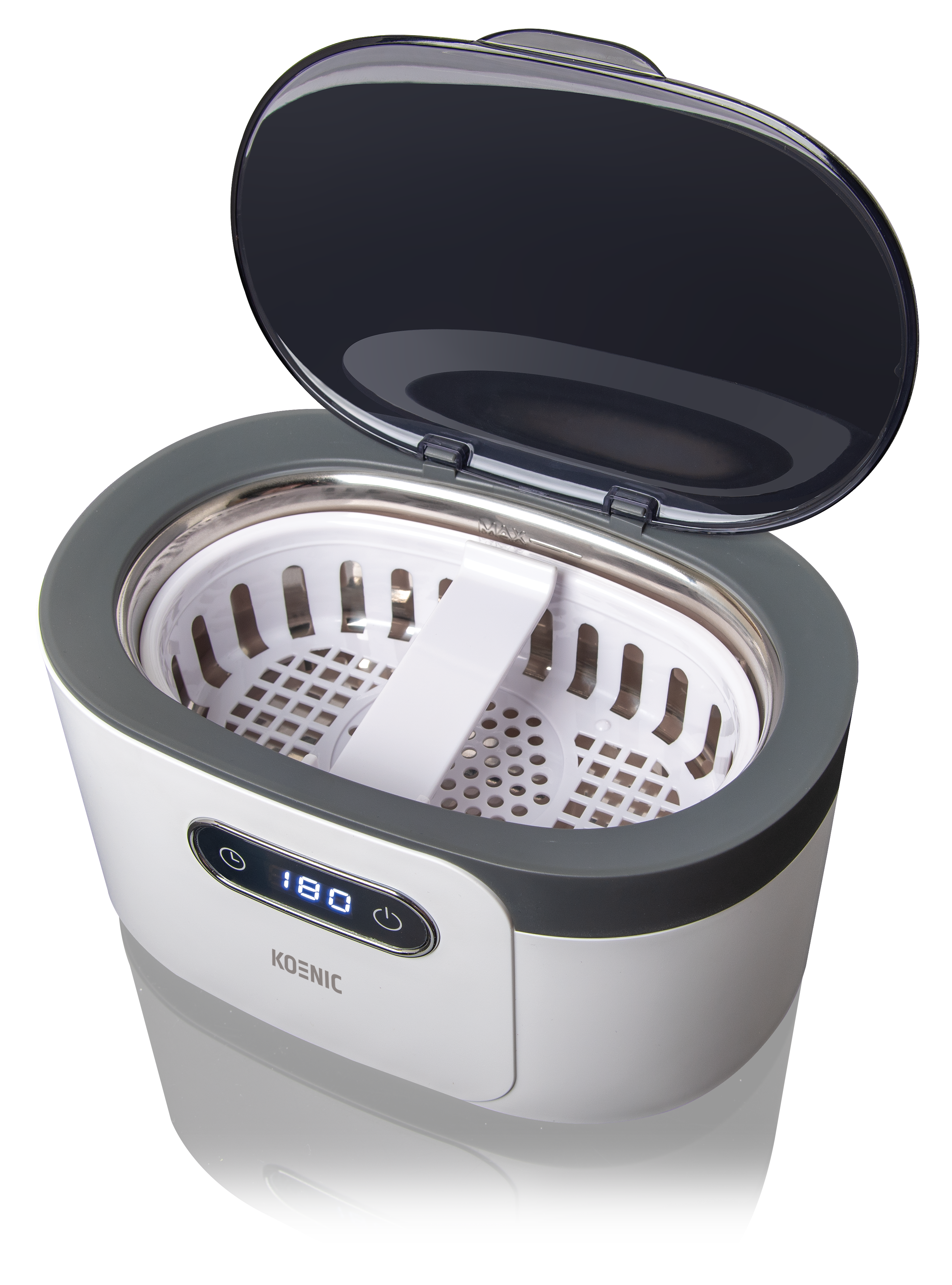 Biało-szara myjka ultradźwiękowa jest otwarta. Pokrywa jest ciemnoszara. Wyświetlacz pokazuje '180'. Marka to 'KOENIC'.