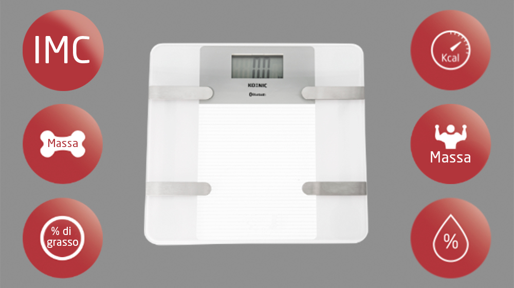 Waga cyfrowa z okrągłymi czerwonymi ikonami wyświetlającymi wskaźniki ciała, takie jak BMI, masa kości i procent tkanki tłuszczowej.
