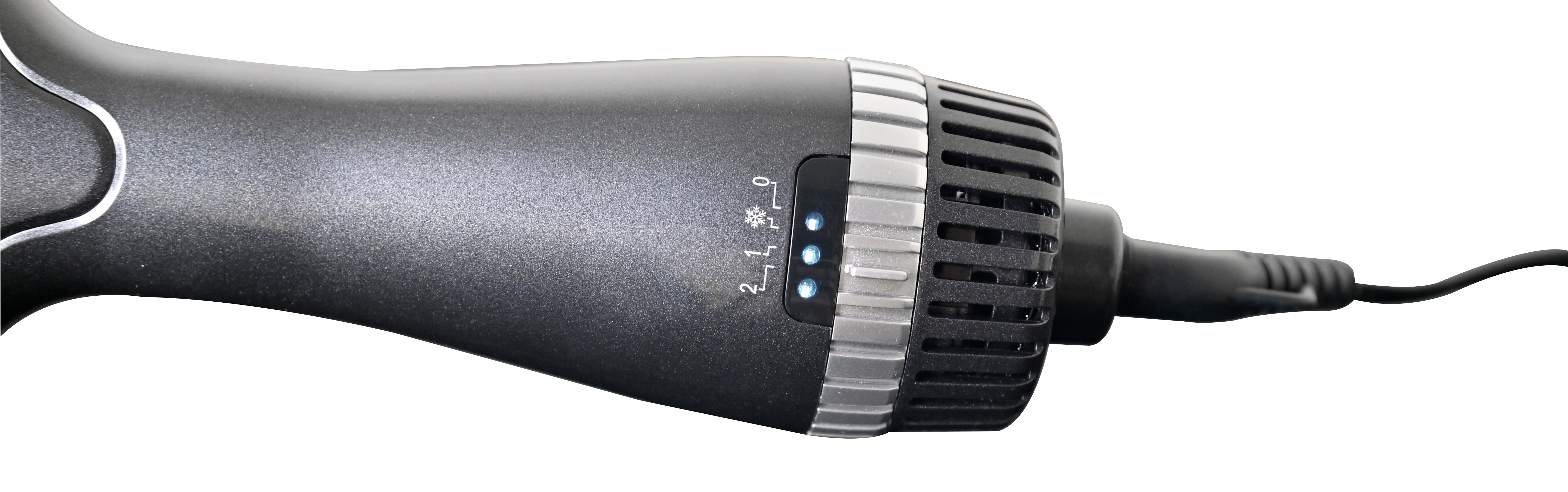 Czarny przyrząd do stylizacji włosów. Ma ustawienia mocy ze światłami i przewodem.