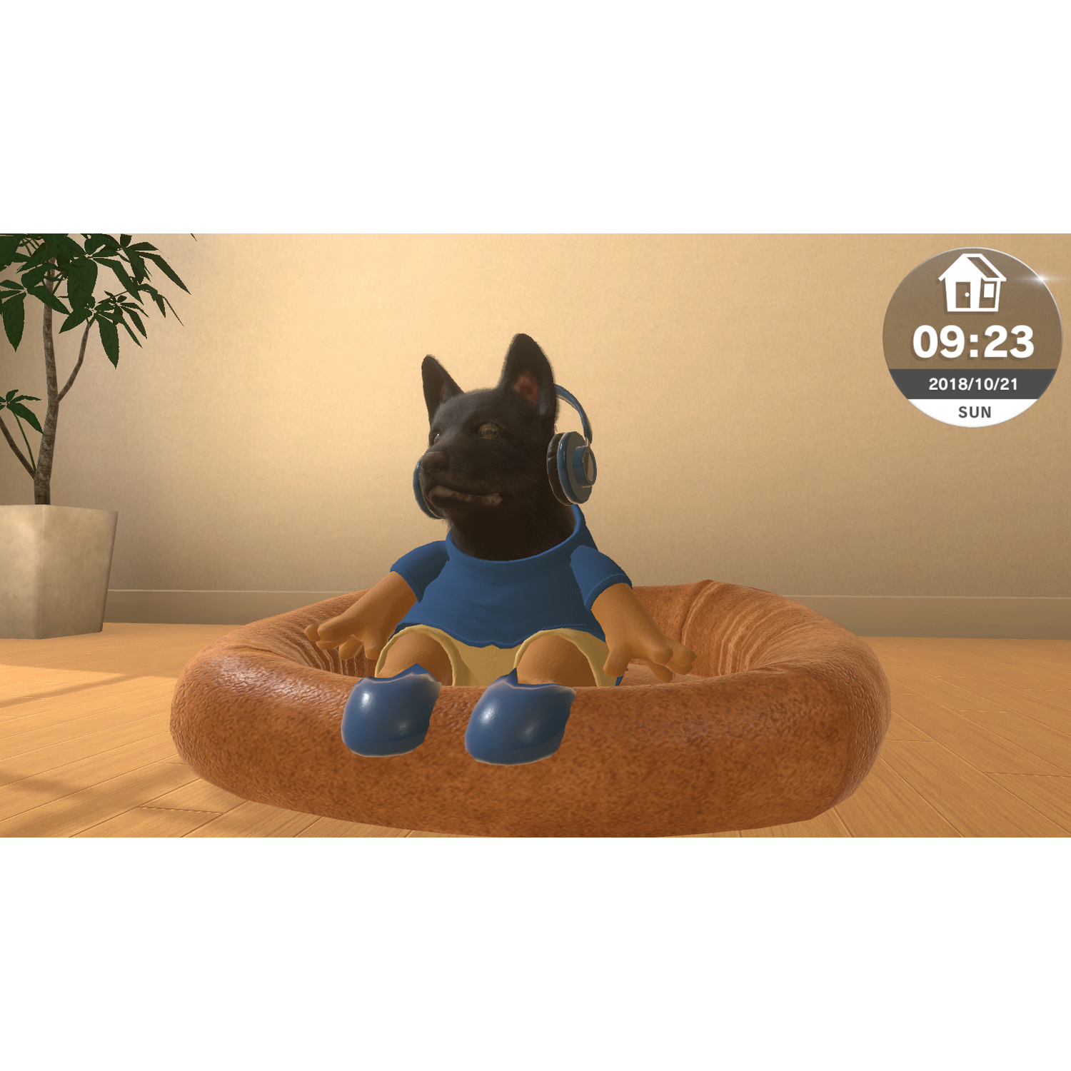 Een hond met kleren en een koptelefoon zit in een bed. Een klok toont de tijd. Links is een plant.