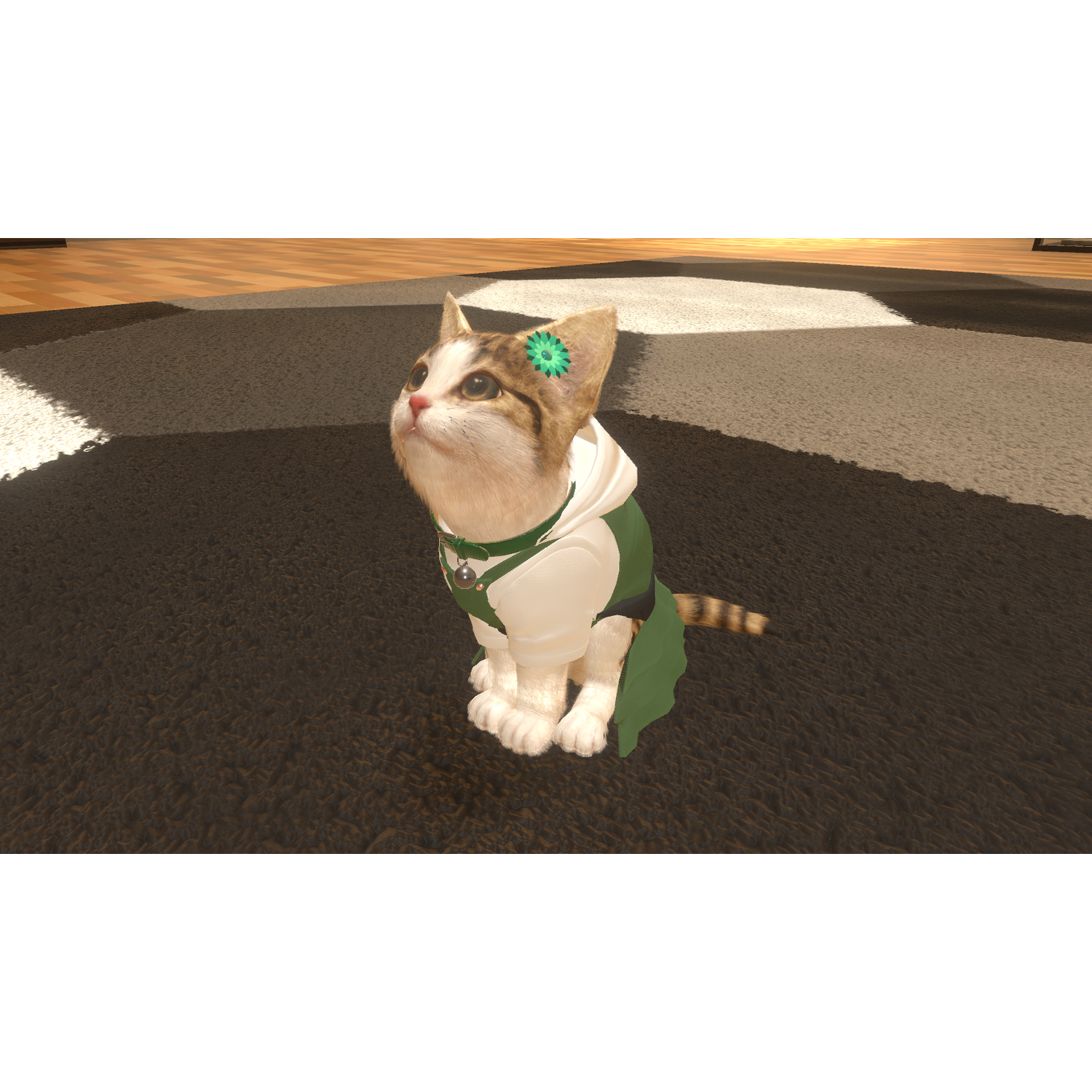 Een kat in groene en witte kleren kijkt omhoog. Hij heeft een groene bloem op zijn hoofd en zit op een tapijt met patronen.