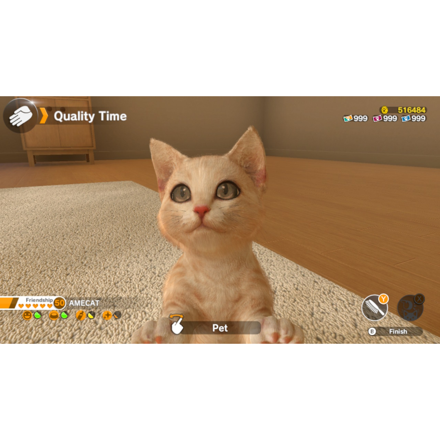 Een lichtoranje kat interacteert met een game-interface. De kat zit op een kleed in een kamer met houten vloer.