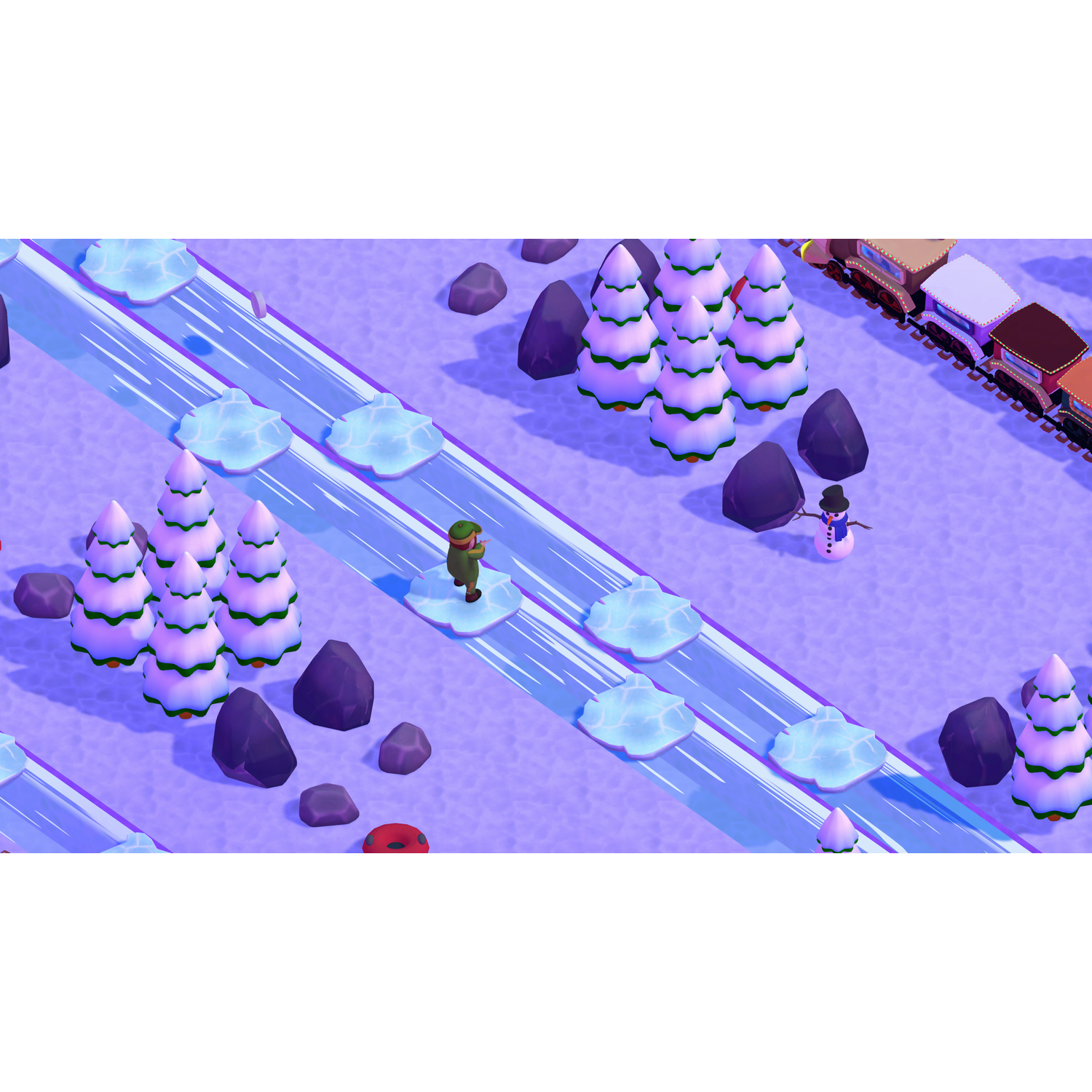 Une scène d'hiver avec un train, des arbres et un bonhomme de neige. Une personne se tient sur la glace. Des ruisseaux avec de la glace bleue. Sol de neige violet.