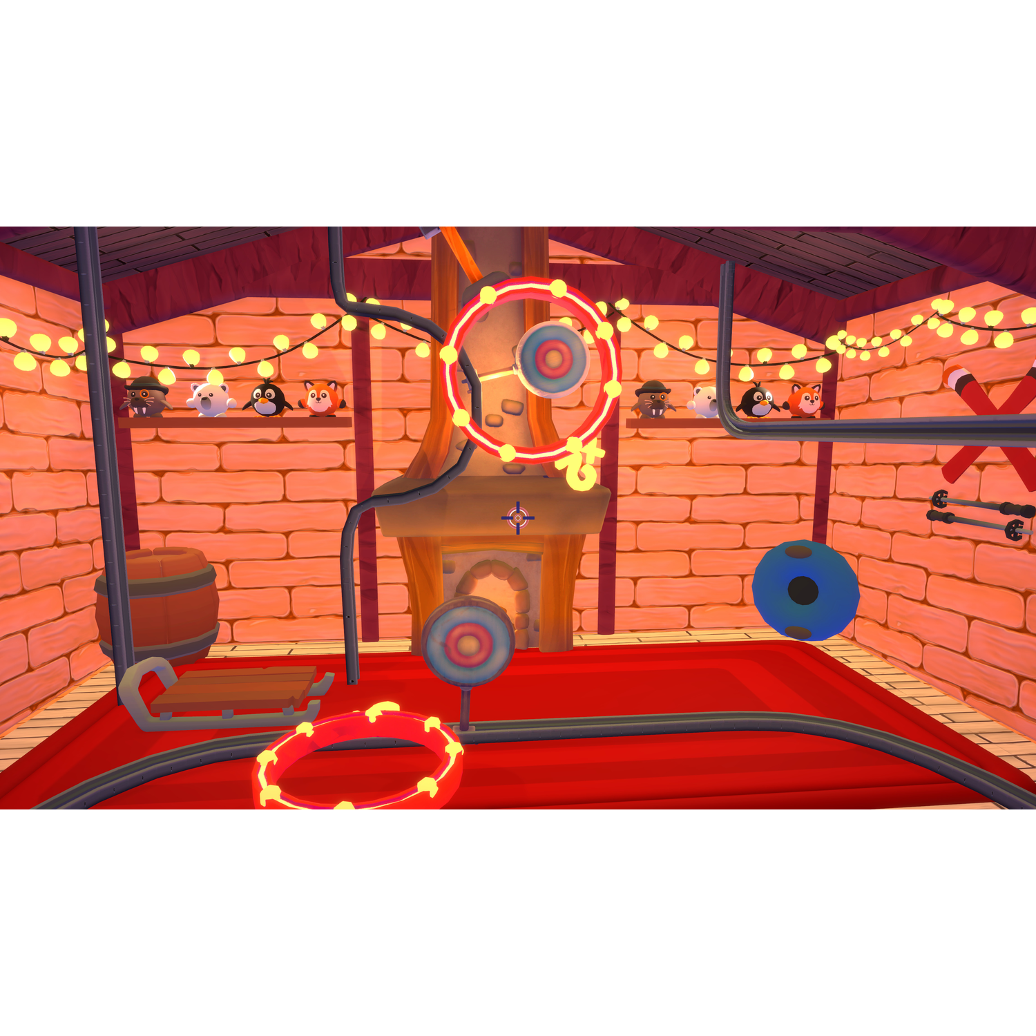 Un intérieur coloré avec un tapis rouge, un tonneau en bois et une cheminée. Il y a des néons circulaires et des figurines d'animaux de dessins animés sur une étagère.