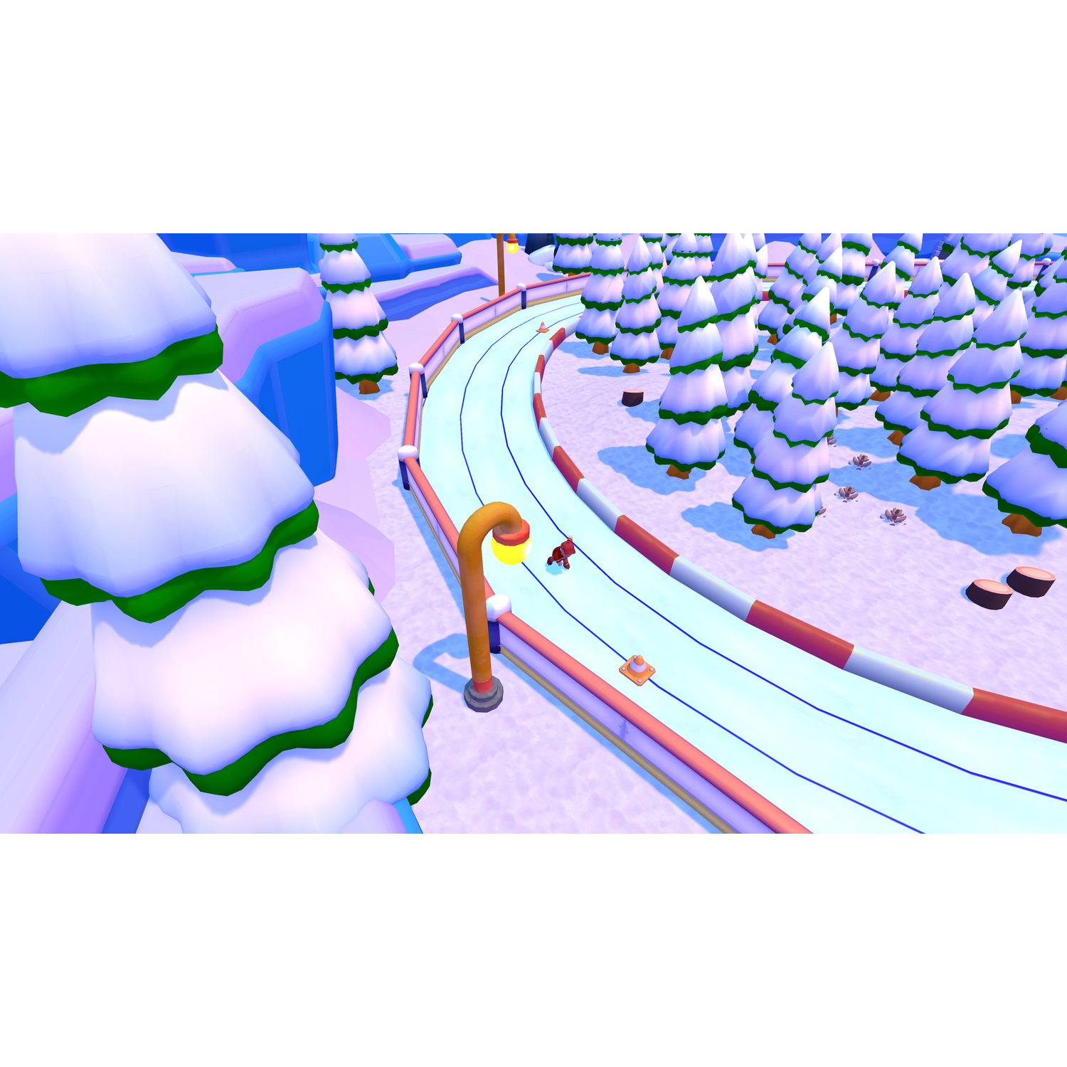 Scène d'hiver de dessin animé. Une piste enneigée serpente à travers des arbres enneigés. Une silhouette descend la piste, devant un cône de signalisation.