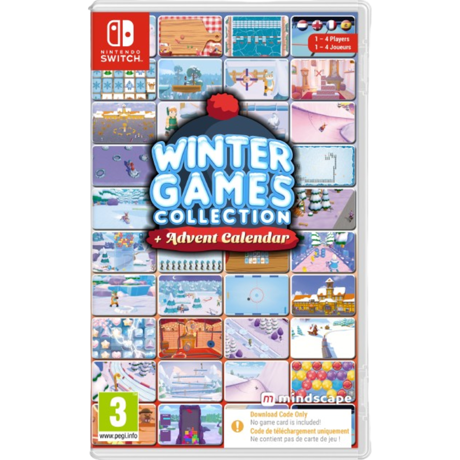 Boîte de jeu Nintendo Switch pour Winter Games Collection. Présente diverses scènes de sports d'hiver et le titre.