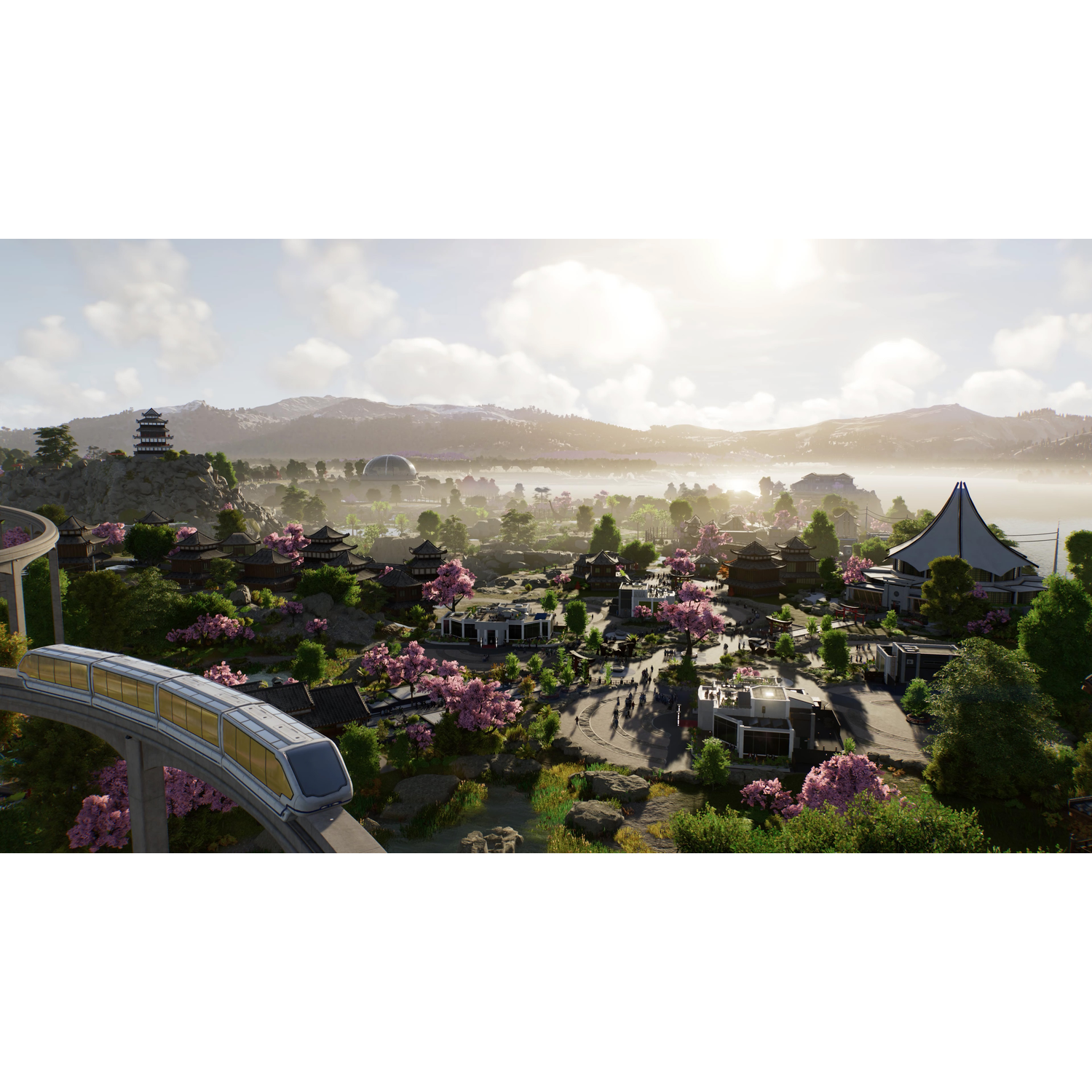 A scenic park with a monorail, traditional buildings, pink flowering trees, and mountains in the background under a bright sky.