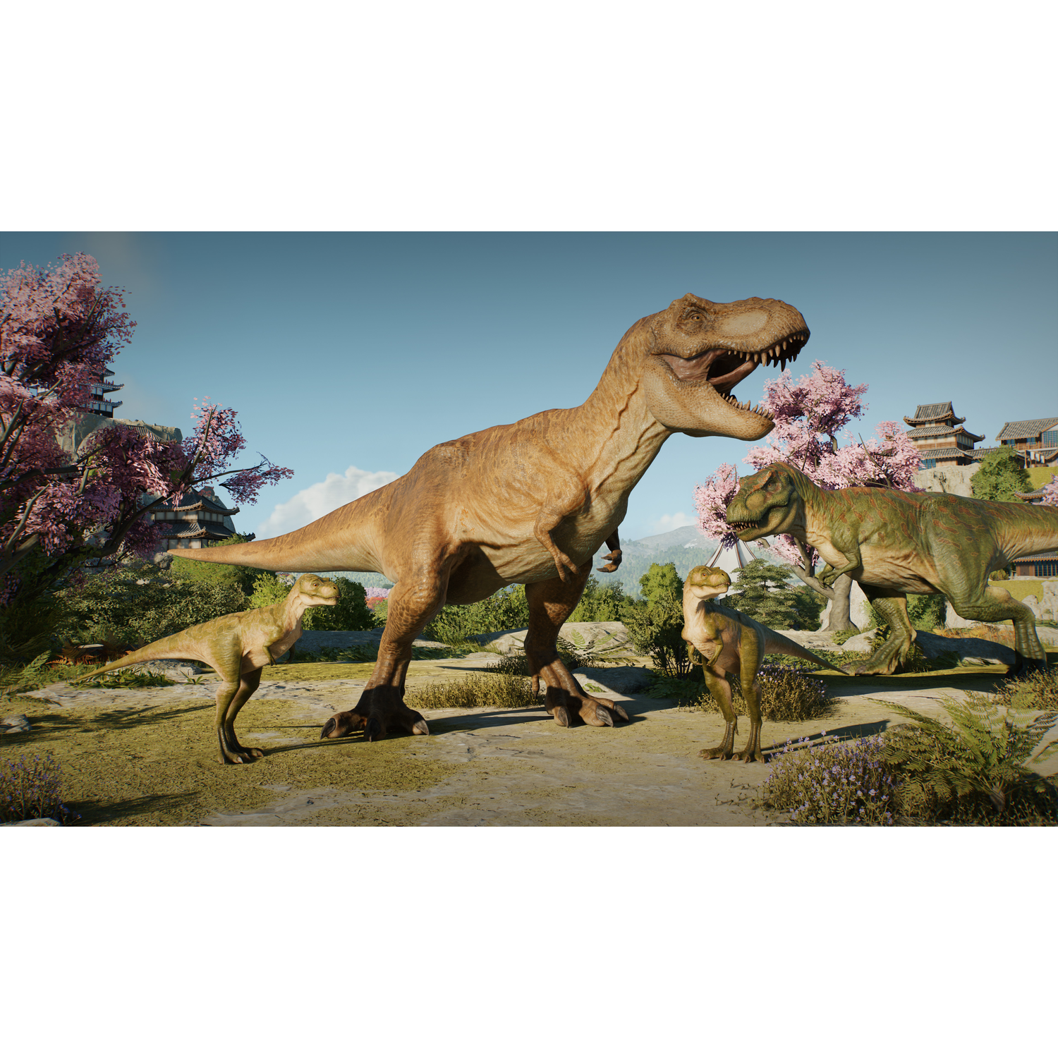 Four dinosaurs in a landscape with traditional Japanese buildings and cherry blossom trees. One large T-Rex, three smaller ones.