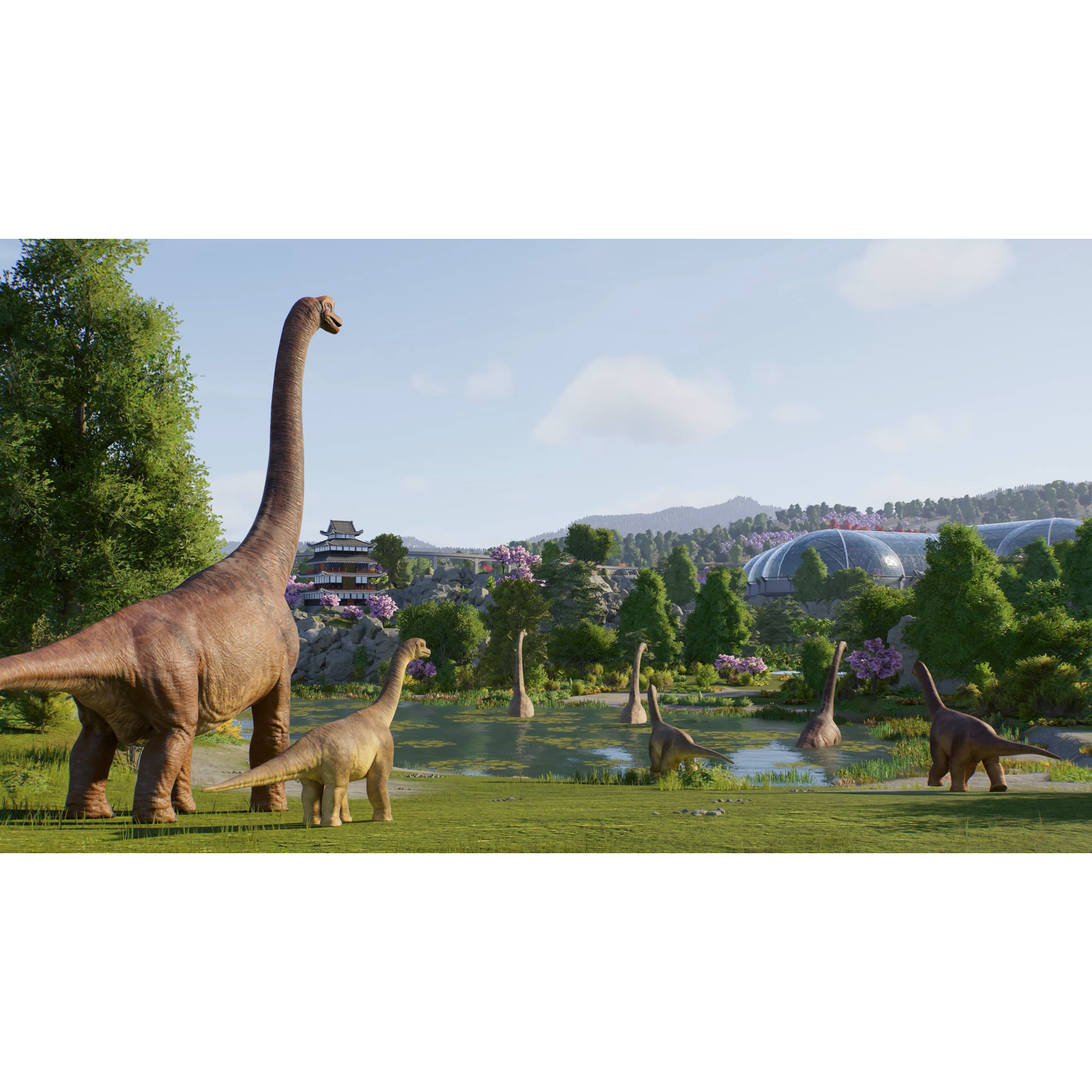 Dinosaurs graze near a lake. Background features a Japanese-style building, trees, and glass domes under a blue sky.