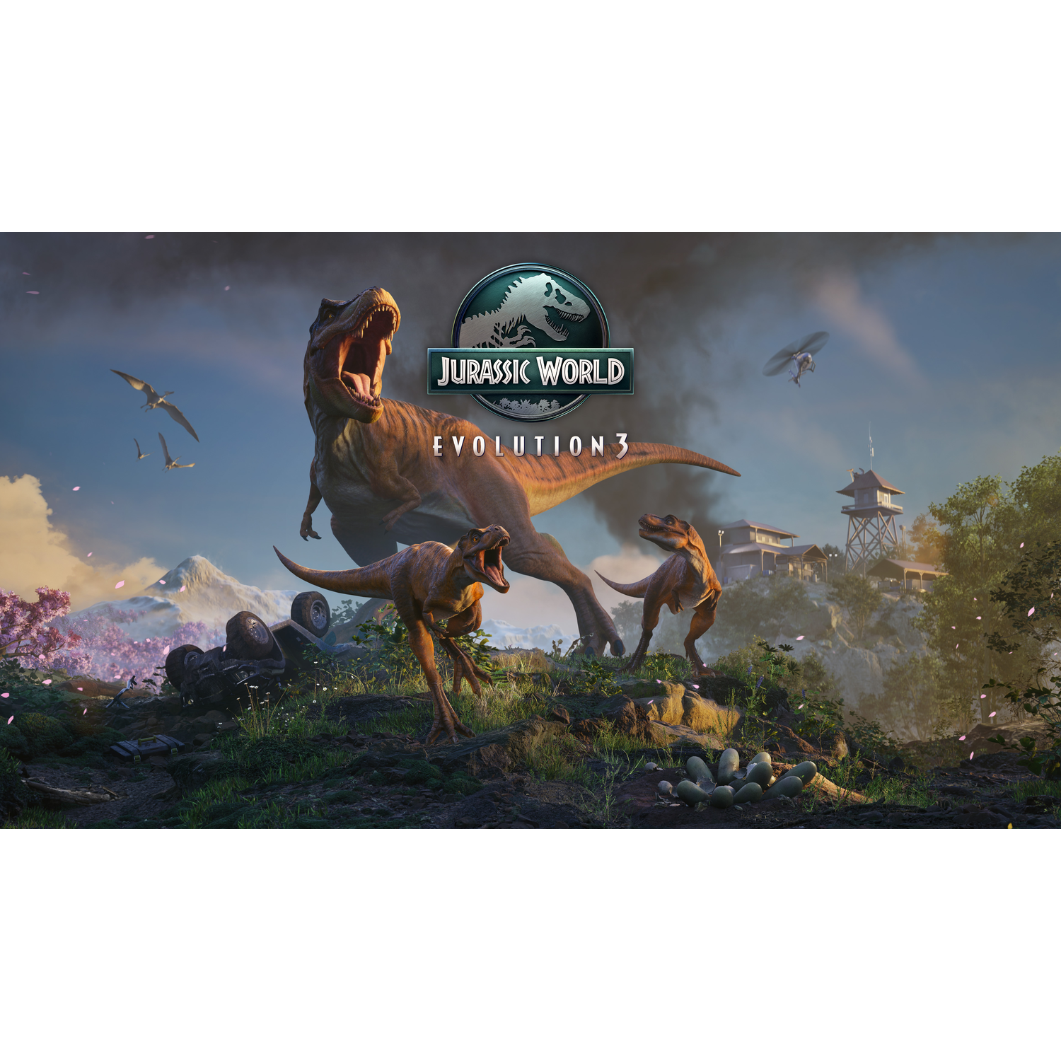 Jurassic World Evolution 3. A large T-Rex roars, with two smaller dinosaurs. Mountains, a crashed vehicle, and a logo are visible.