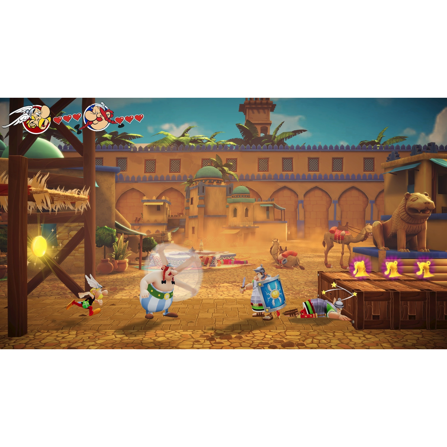 Asterix fighting Roman soldiers in a city. A camel and lion statue are in the background. Health bars are visible.