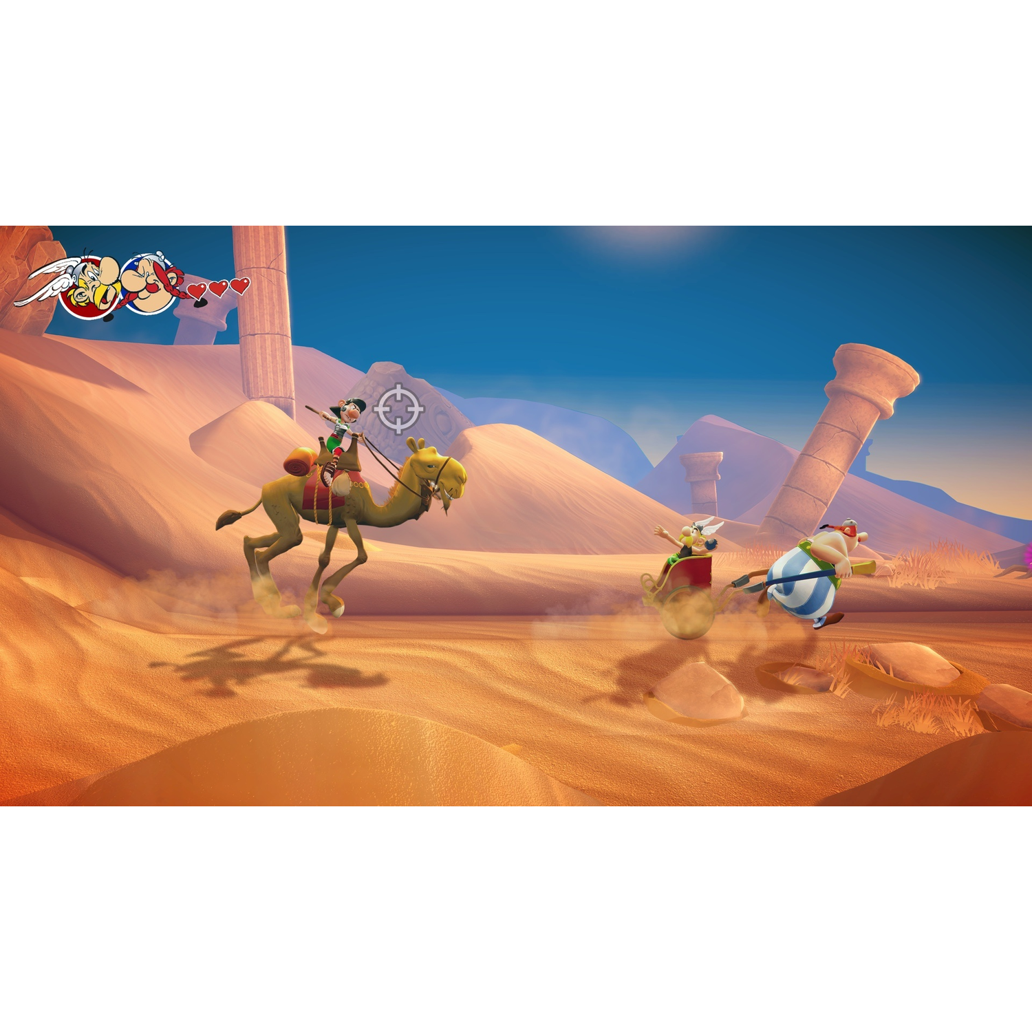 A desert scene from Asterix game. Asterix rides a camel, Obelix pulls a chariot, and another character is also in the scene.