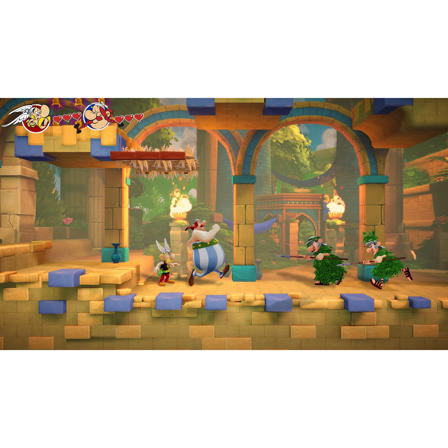 Asterix and Obelix running away from two green-clad enemies with spears. The scene is set in a Roman-style building.