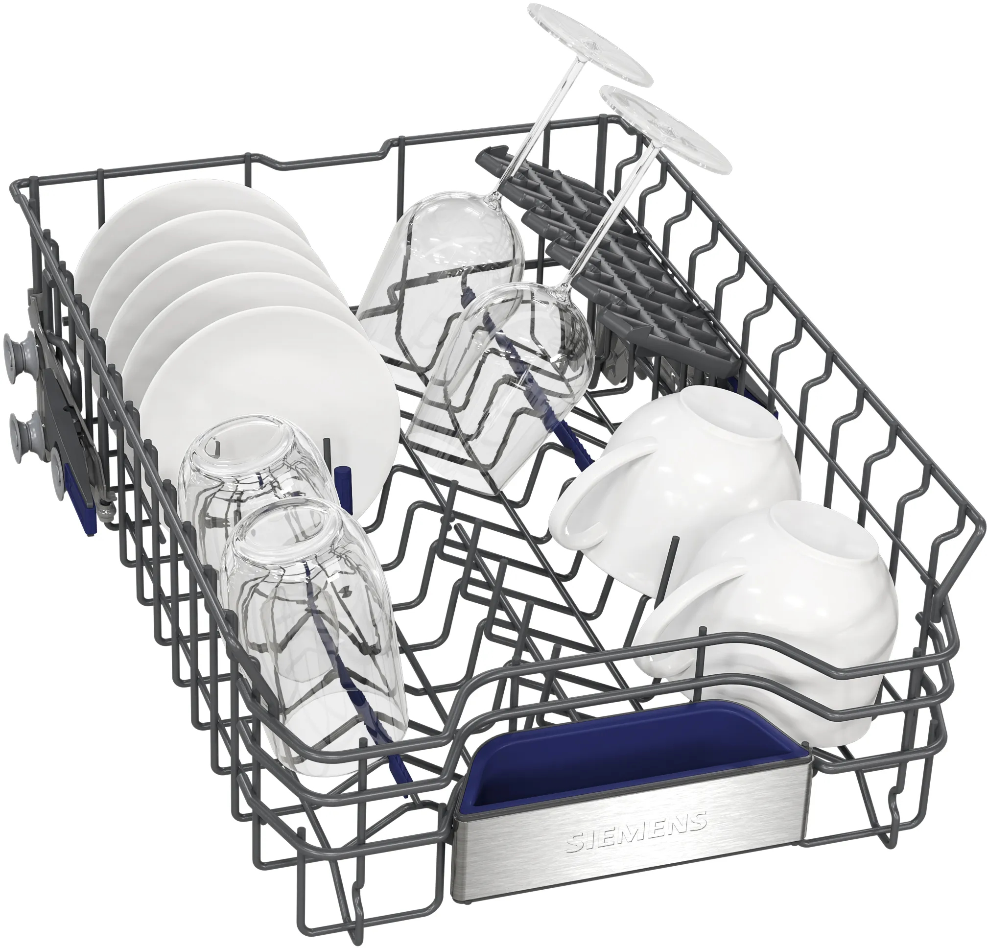 Stelaż zmywarki z talerzami, szklankami i filiżankami. Szara metalowa rama z niebieskimi i stalowymi akcentami.