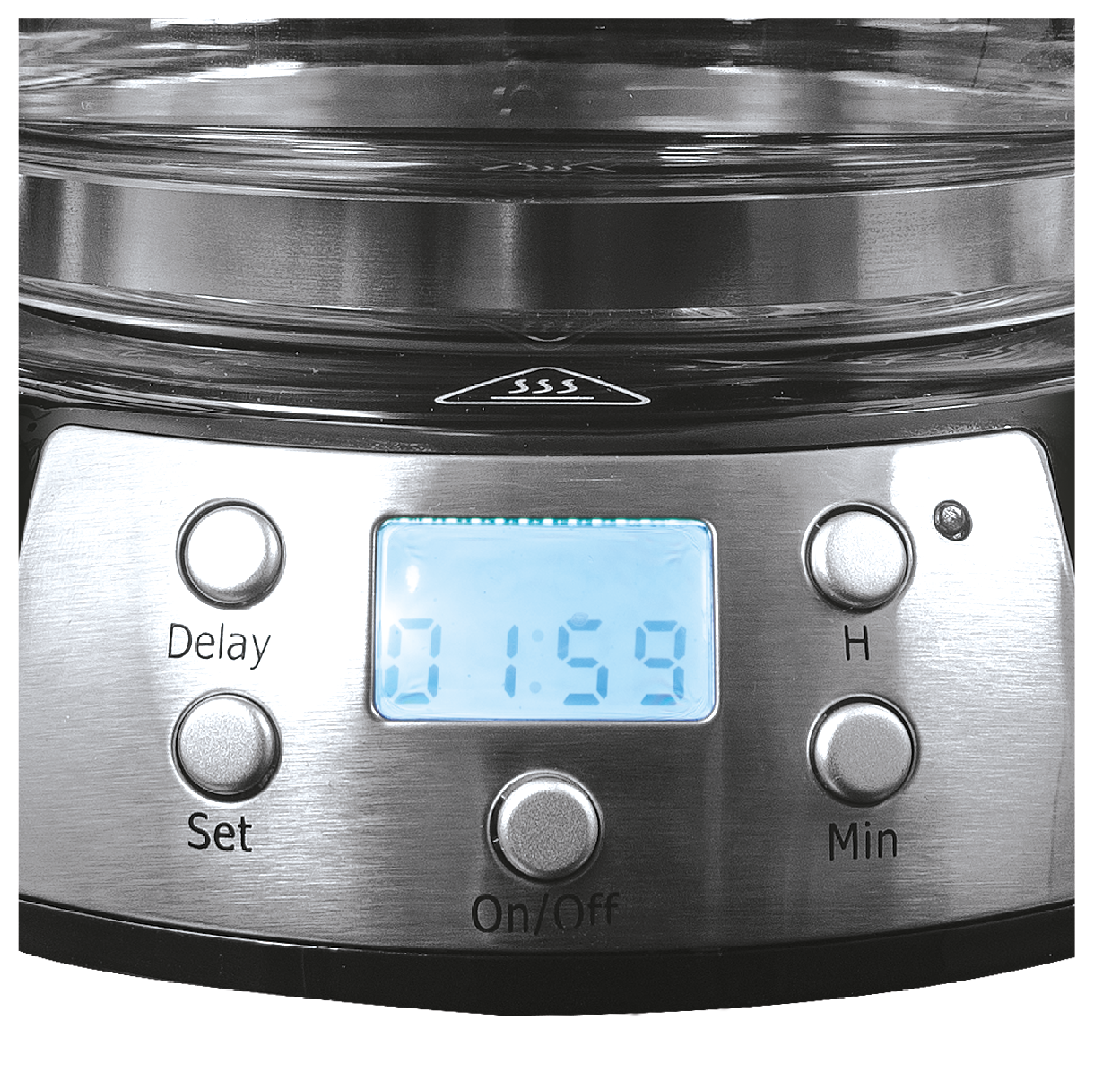 Zbliżenie panelu sterowania ekspresu do kawy. Wyświetla cyfrowy zegar 01:59, z przyciskami Delay, Set, H, Min i On/Off.