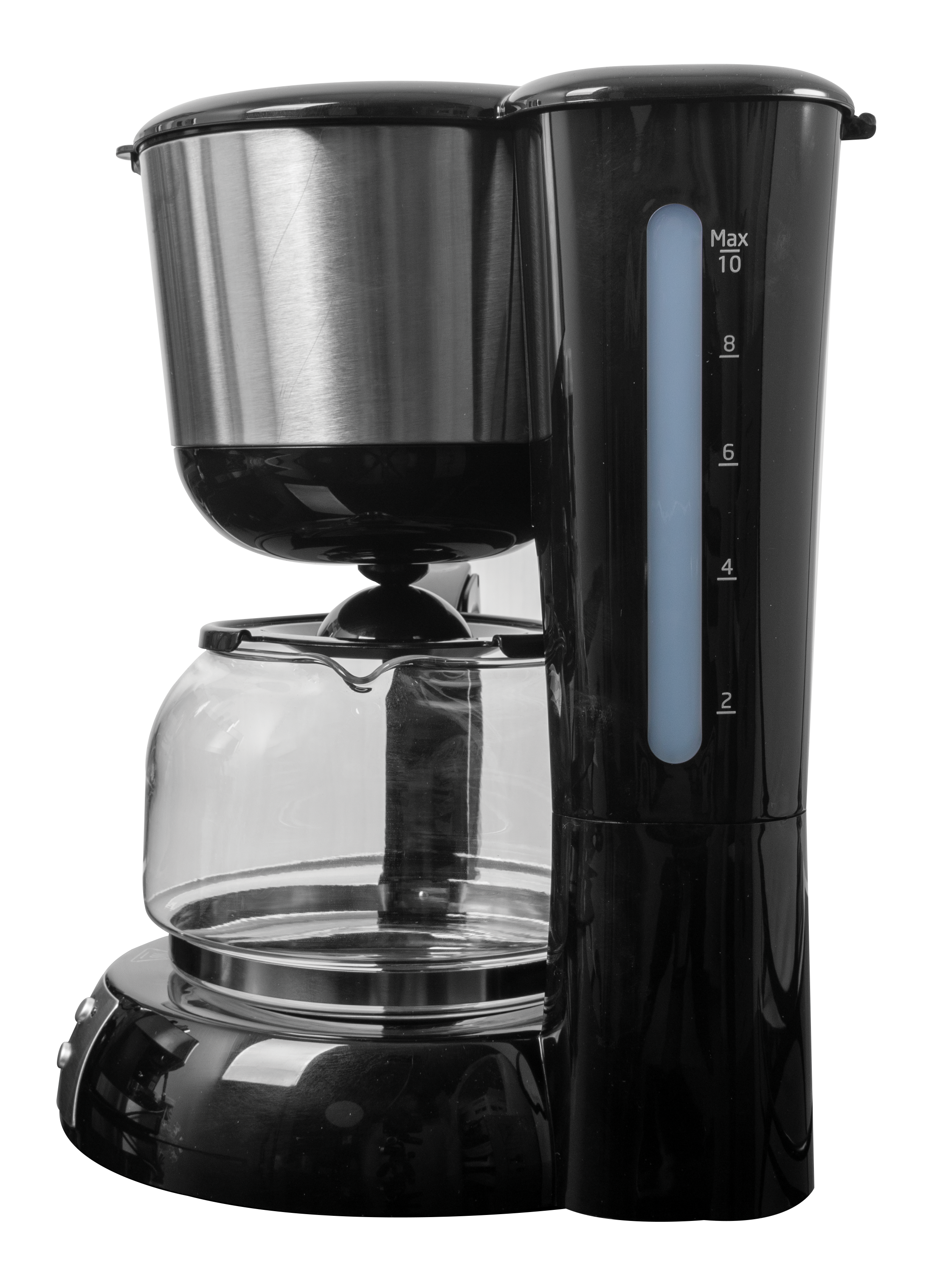 Czarno-srebrny ekspres do kawy. Ma szklany dzbanek i wskaźnik poziomu wody.