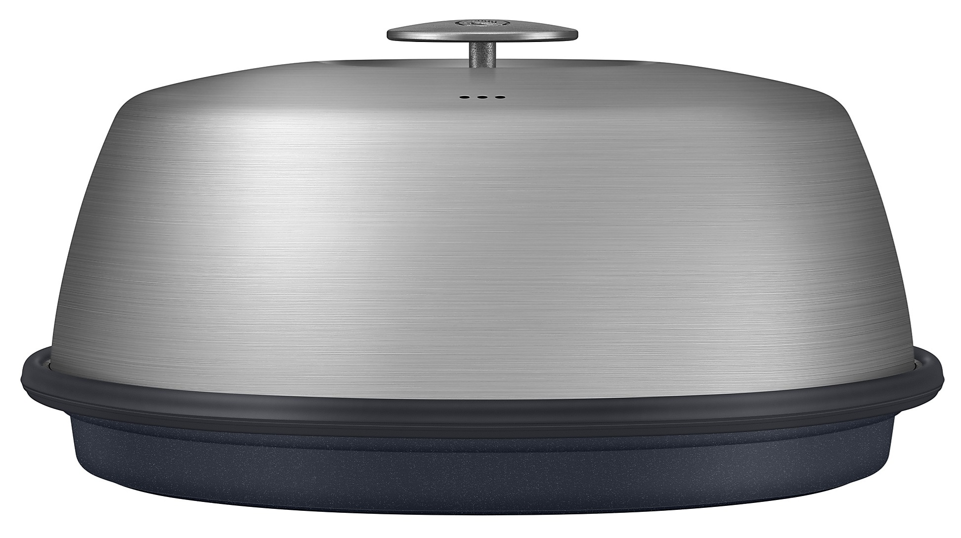 Metalowe, srebrne urządzenie kuchenne z kopulastą pokrywą i ciemną podstawą. Ma mały uchwyt na górze.