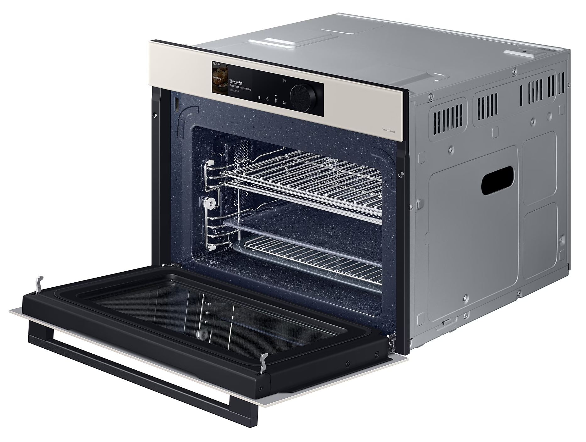 Otwarty piekarnik wyświetla wewnętrzne półki. Drzwi są otwarte. Przedni panel ma wyświetlacz i pokrętło.