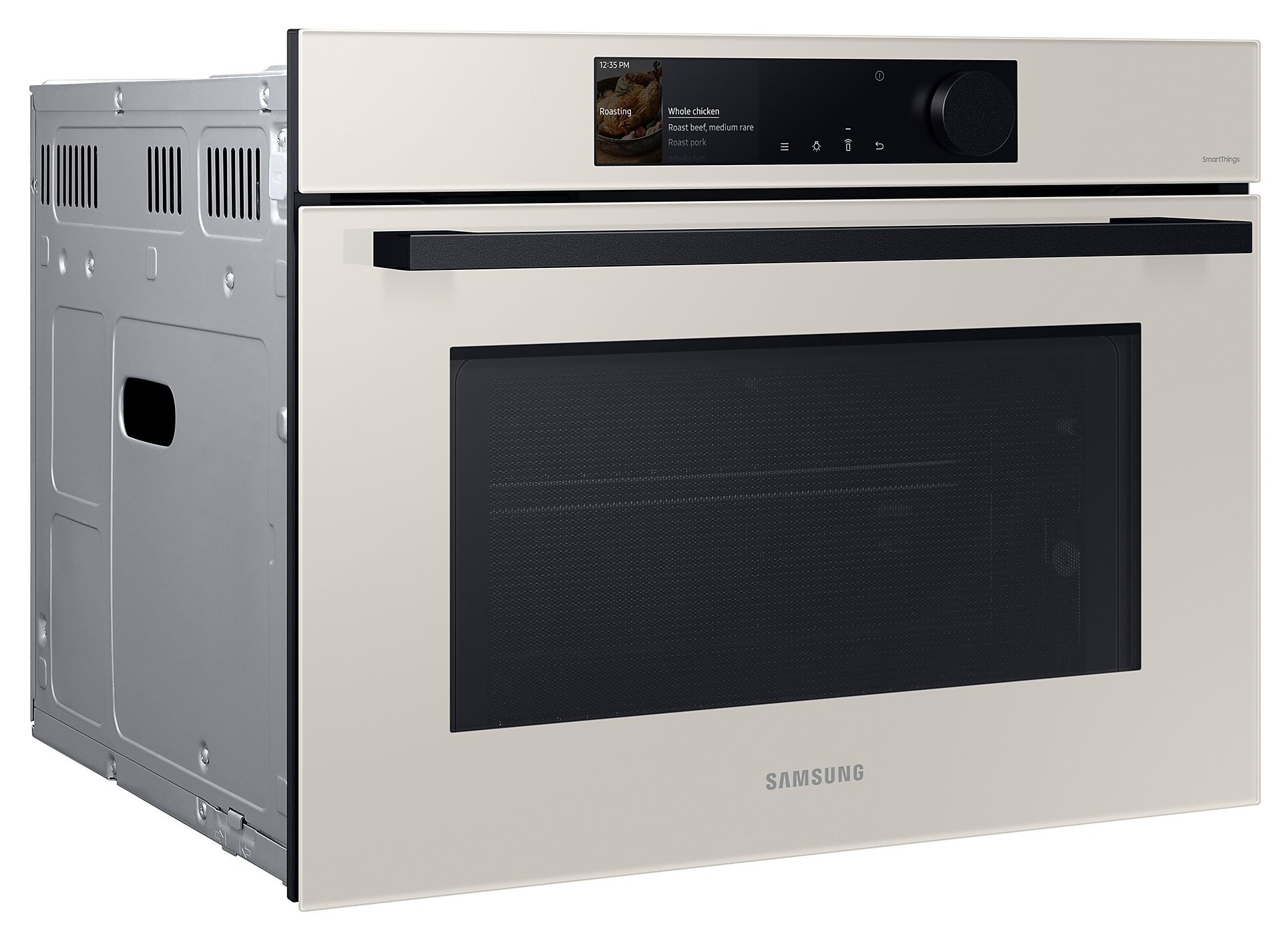 Kremowy piekarnik Samsung z cyfrowym wyświetlaczem pokazującym opcje pieczenia. Czarny uchwyt i ciemne wnętrze.
